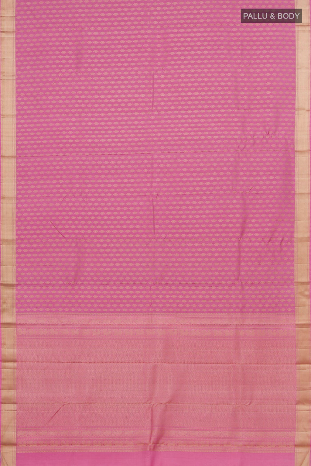 Flat view of Pink Kanchipuram Silk Saree with Thread Brocade on the body and Thread Border. 