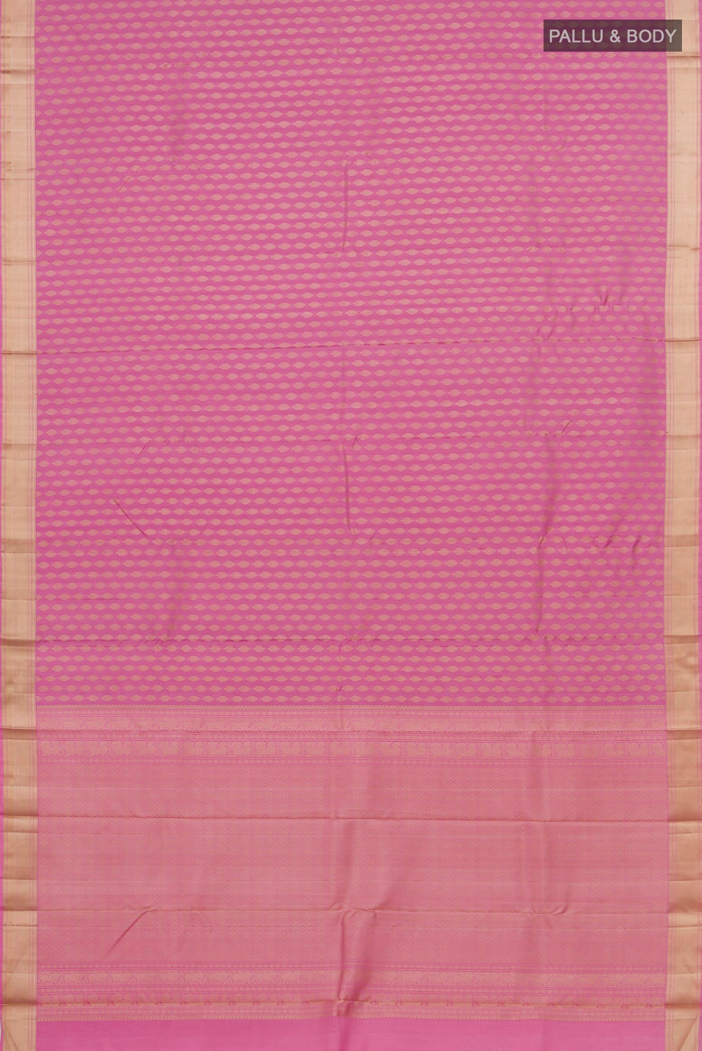 Flat view of Pink Kanchipuram Silk Saree with Thread Brocade on the body and Thread Border. 