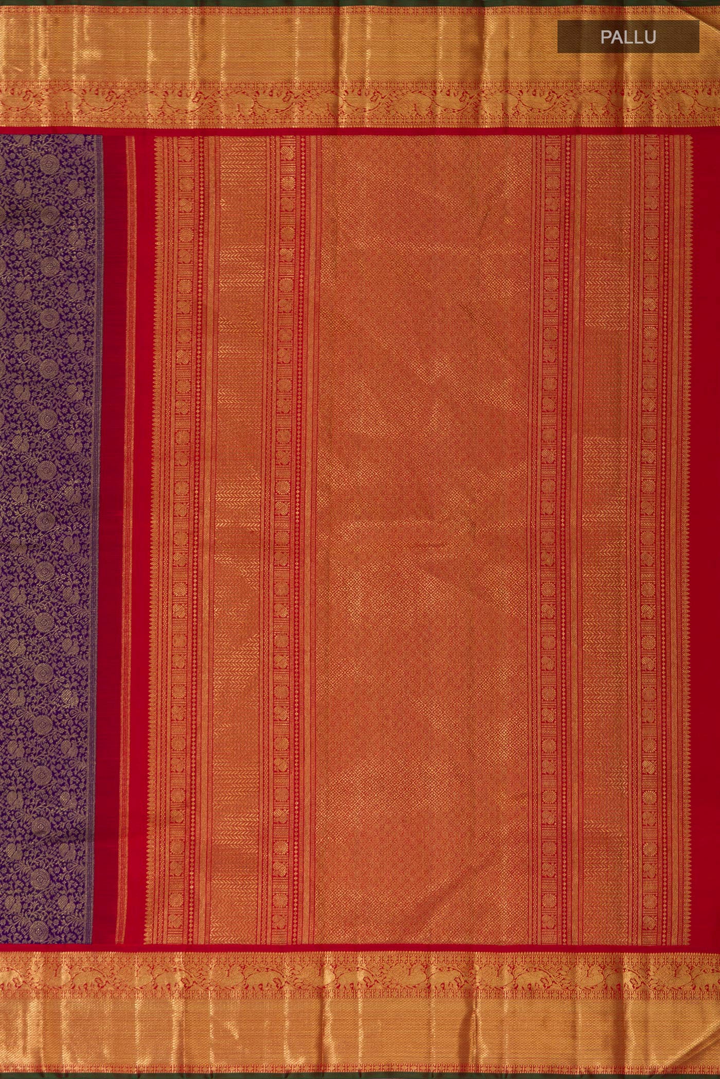 Close up image of the pallu of Dark Blue Kanjivaram Saree with Zari Brocade on the body and Zari Border. 