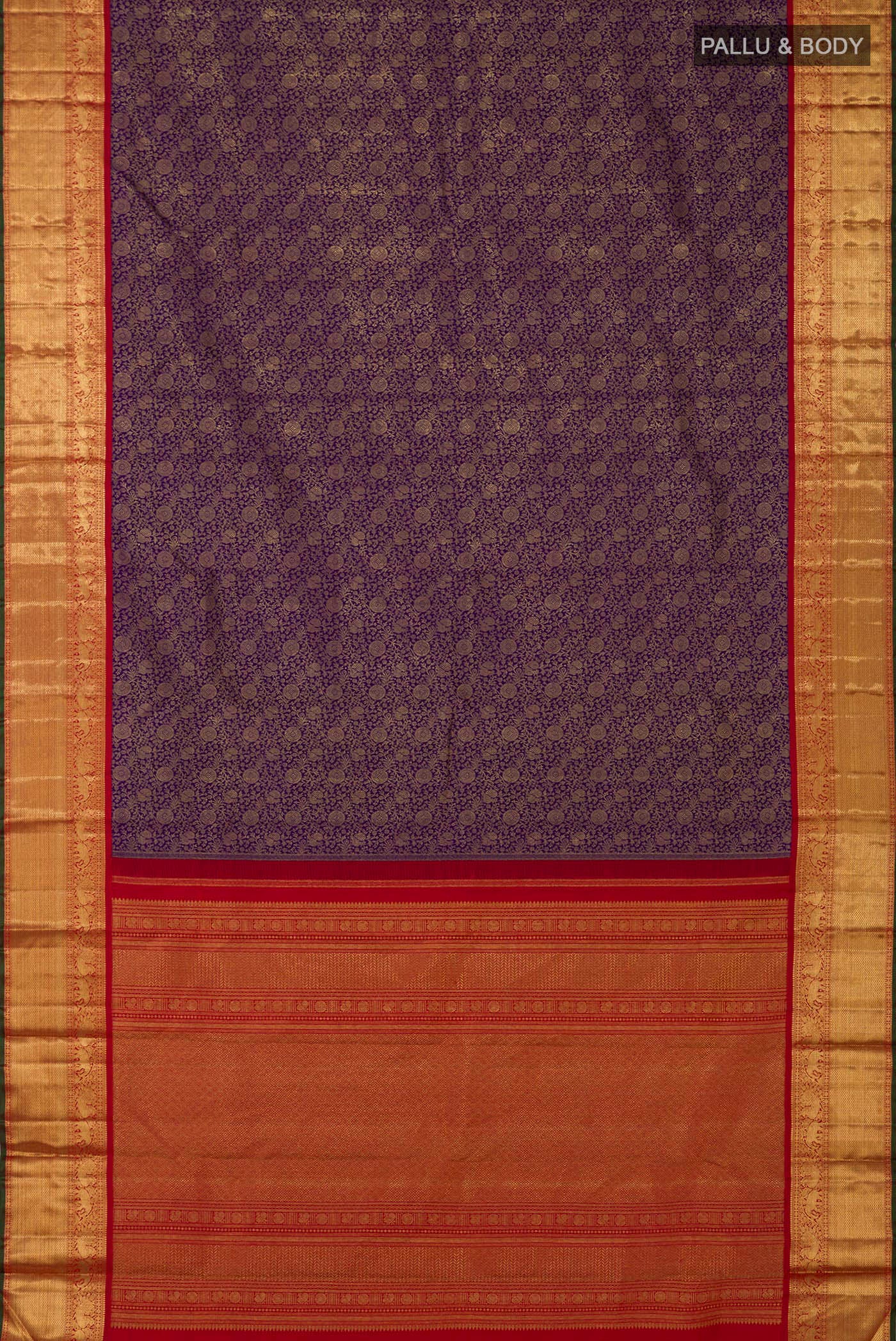Flat view of Dark Blue Kanjivaram Saree with Zari Brocade on the body and Zari Border. 