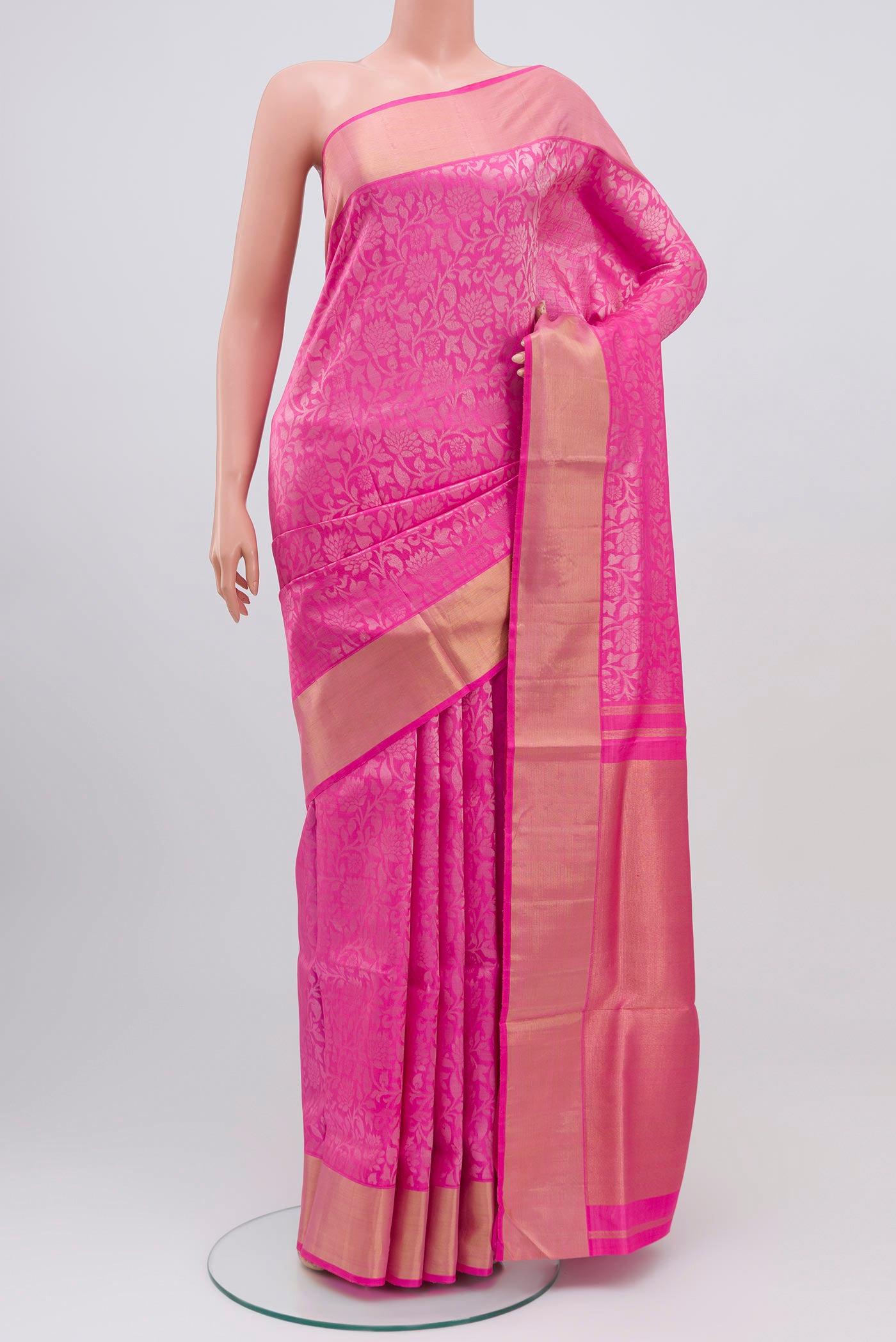 Pure Silk Pure Zari Pink Uppada Saree with Zari Brocade on the body and Zari Border.  displayed on a mannequin