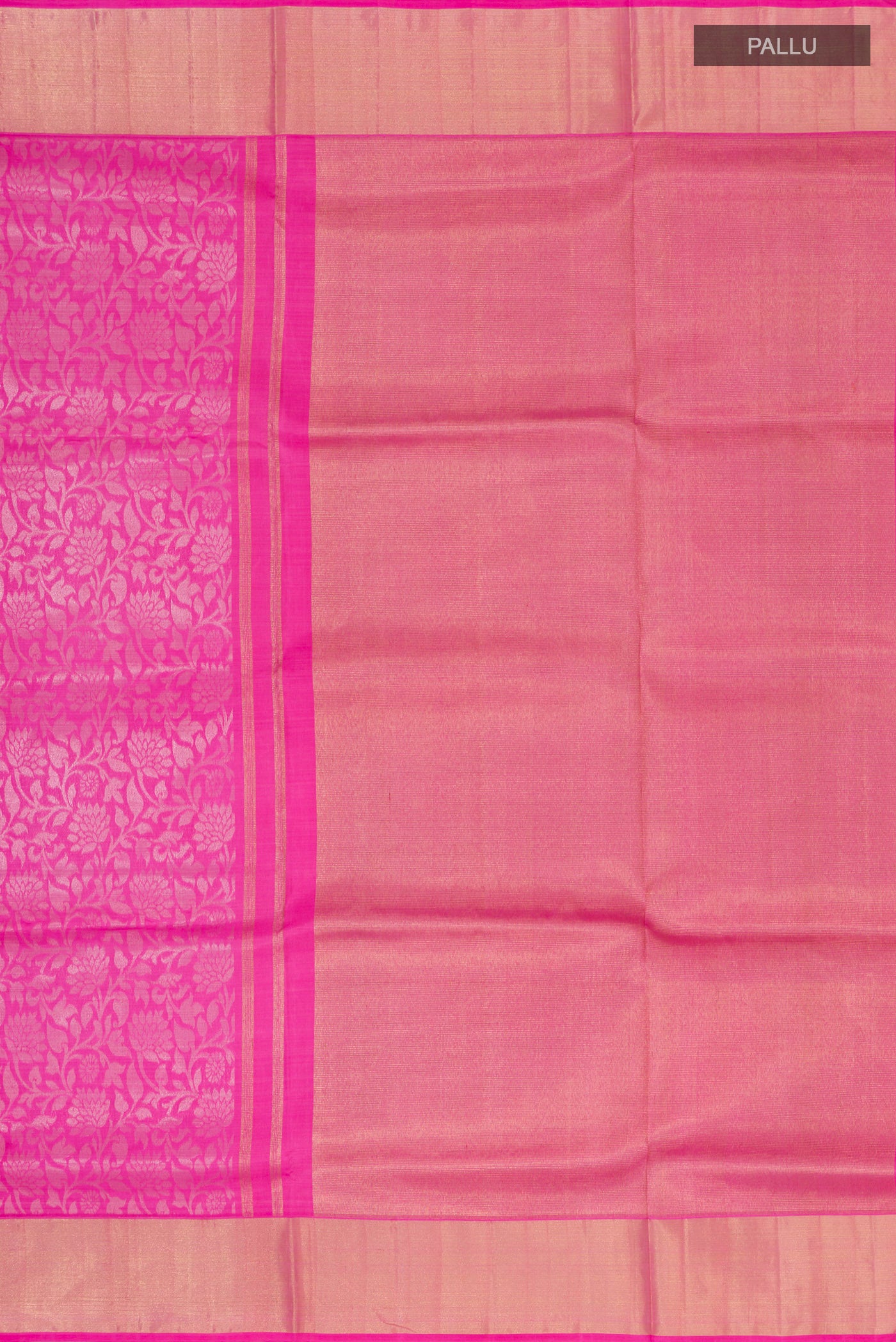 Close up image of the pallu of Pure Silk Pure Zari Pink Uppada Saree with Zari Brocade on the body and Zari Border. 
