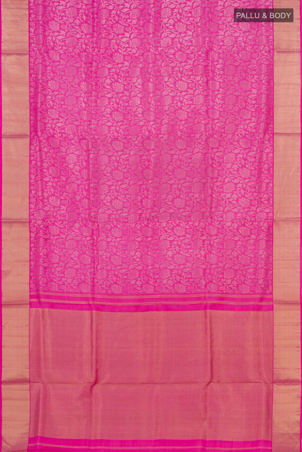Flat view of Pure Silk Pure Zari Pink Uppada Saree with Zari Brocade on the body and Zari Border. 