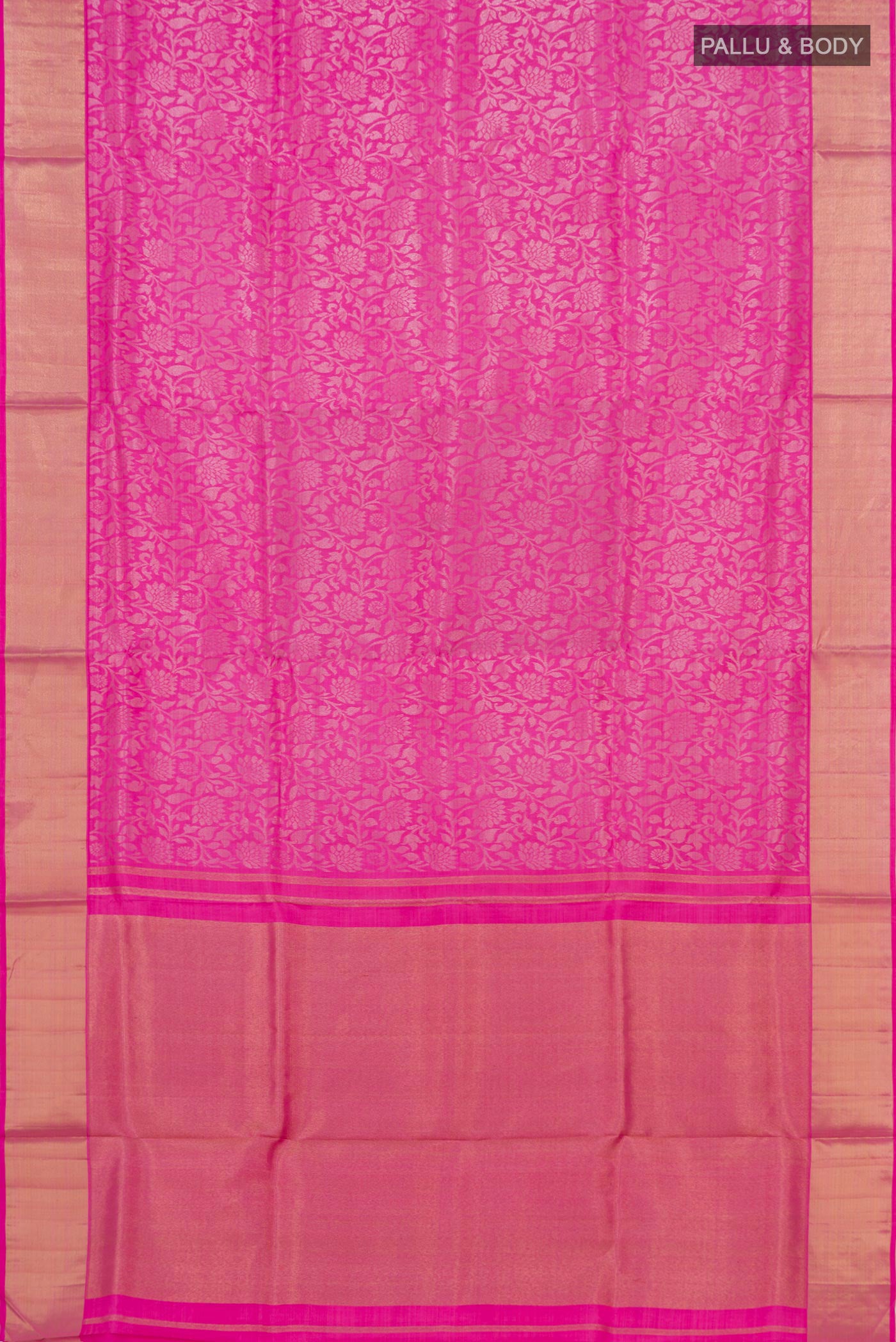 Flat view of Pure Silk Pure Zari Pink Uppada Saree with Zari Brocade on the body and Zari Border. 