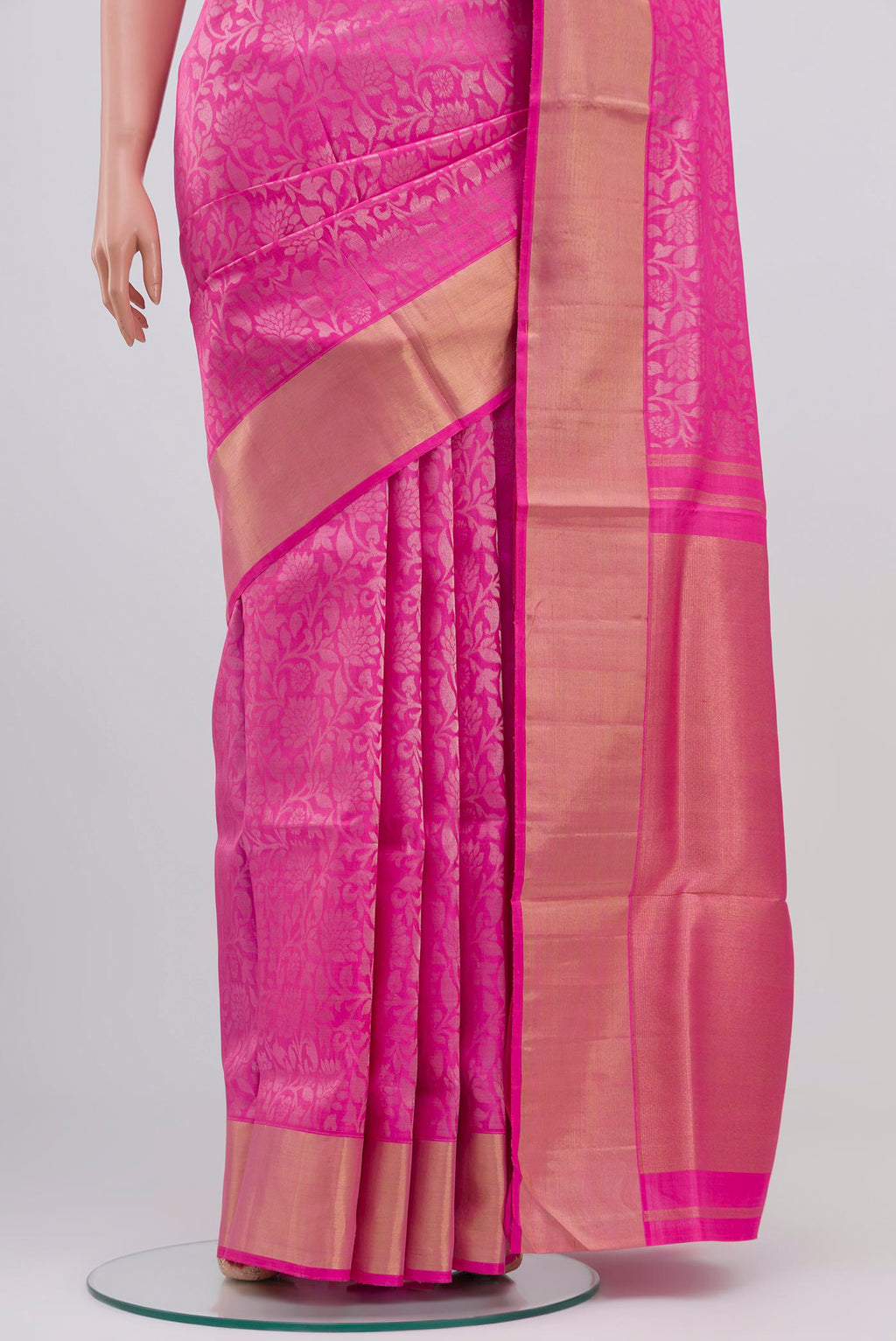 Pleats and pallu of Pure Silk Pure Zari Pink Uppada Saree with Zari Brocade on the body and Zari Border. 