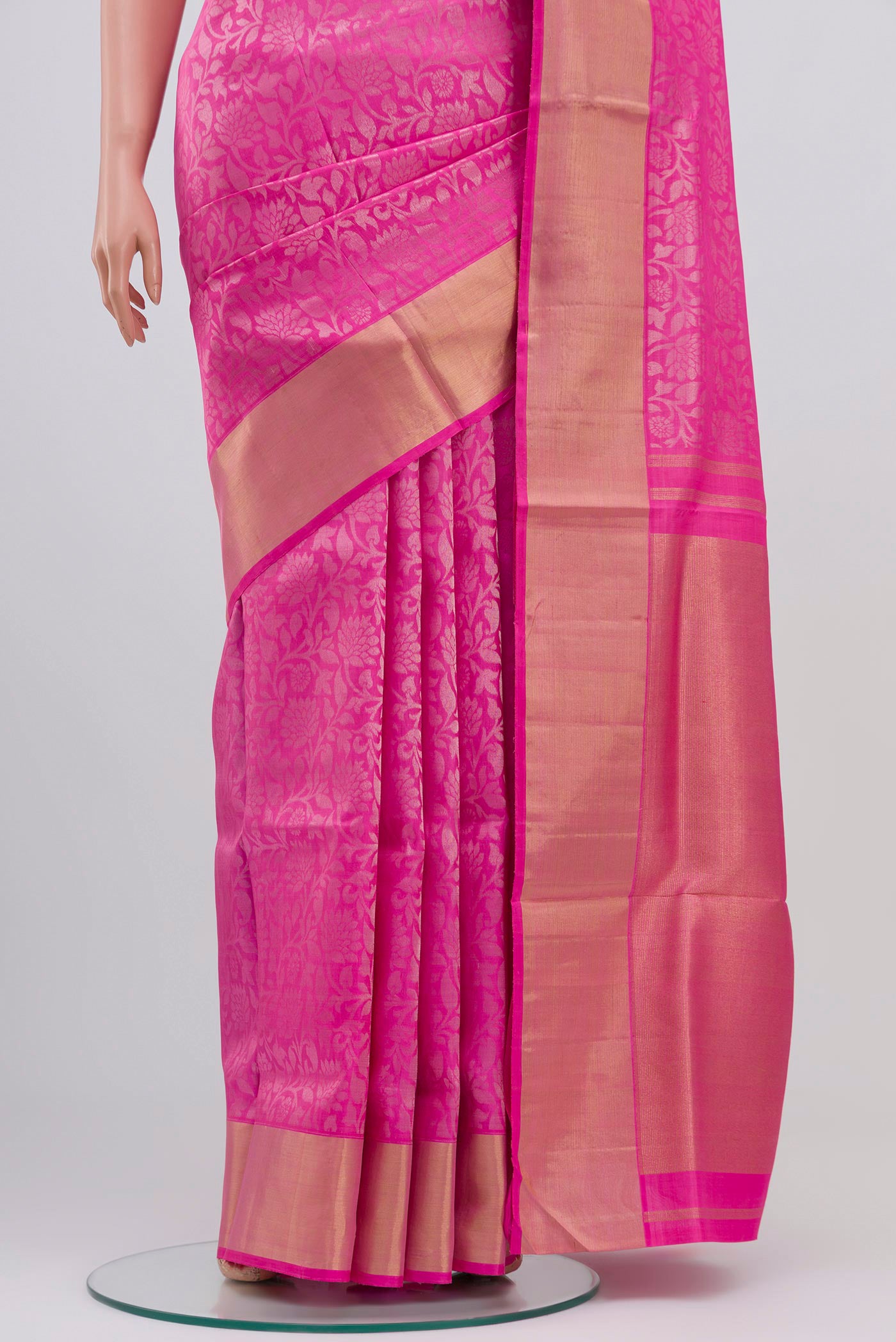 Pleats and pallu of Pure Silk Pure Zari Pink Uppada Saree with Zari Brocade on the body and Zari Border. 