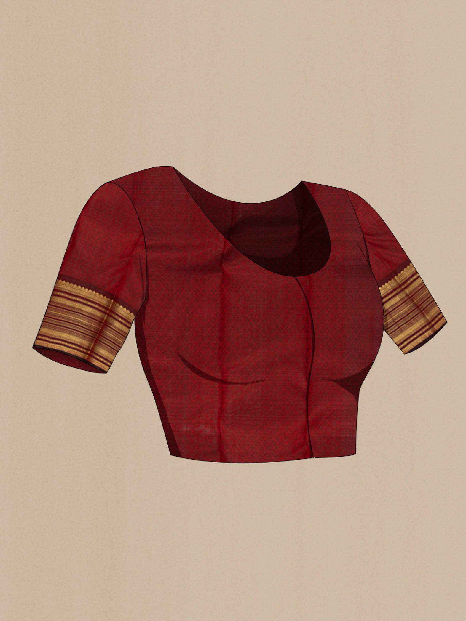 Close up image of the blouse of Pure Silk Pure Zari Maroon Kanjivaram Saree with Zari Brocade on the body and Zari Border. 