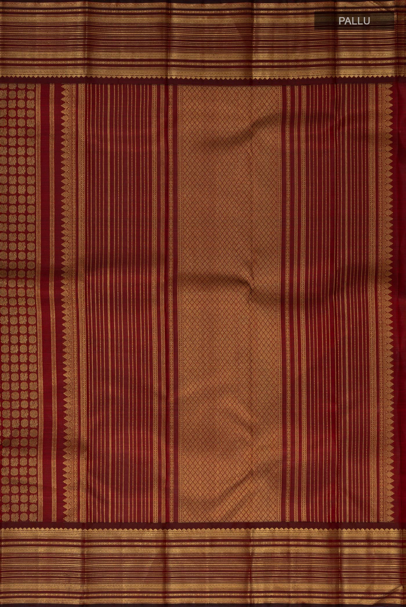 Close up image of the pallu of Pure Silk Pure Zari Maroon Kanjivaram Saree with Zari Brocade on the body and Zari Border. 