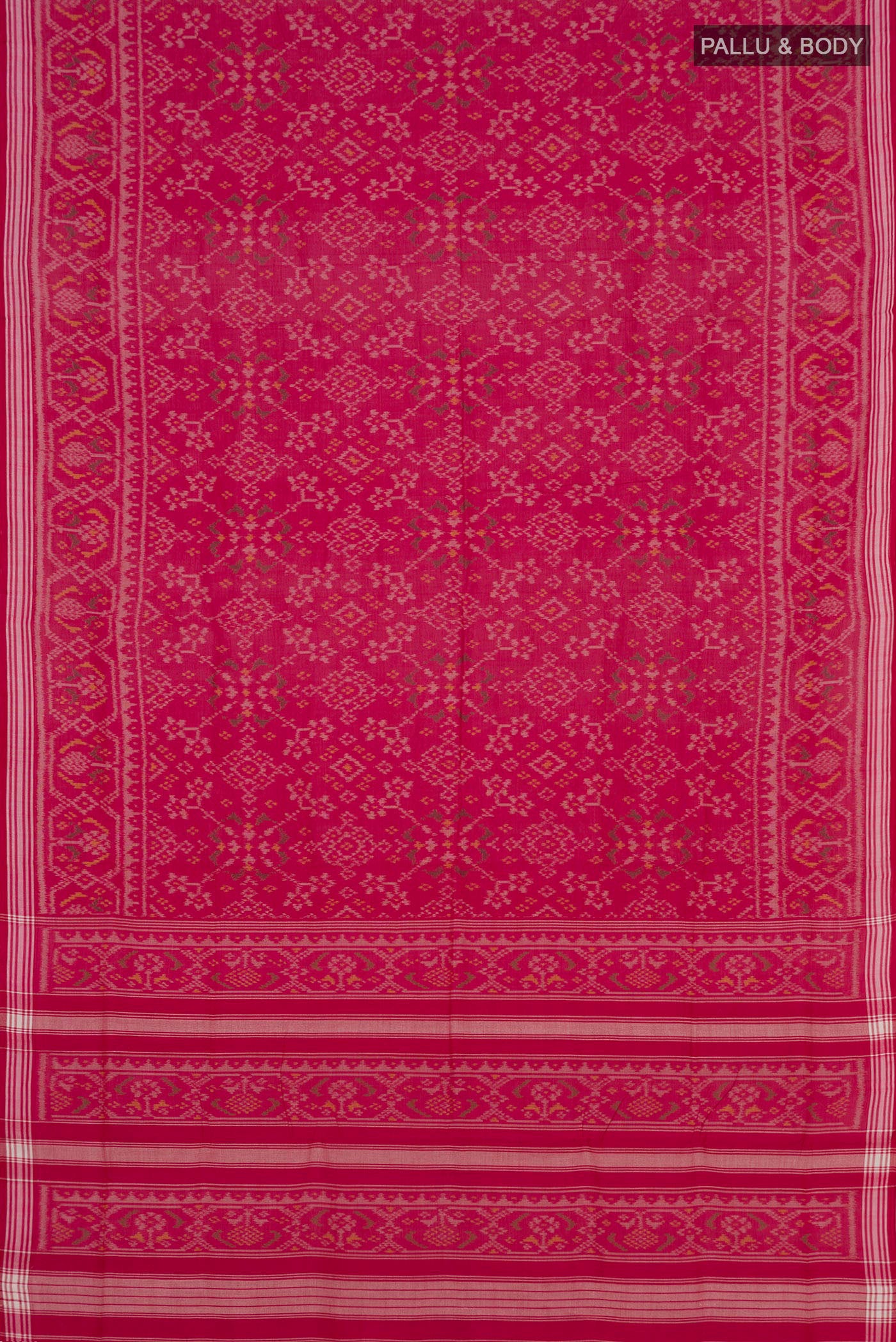 Flat view of Pink Double Ikat Saree with Ikat design on the body and Plain Border. 