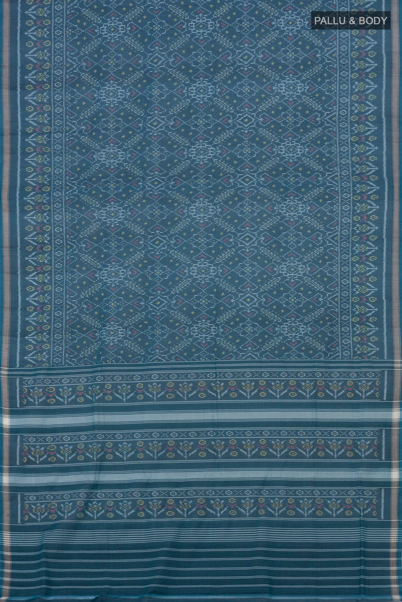 Flat view of Blue Grey Double Ikat Saree with Ikat design on the body and Plain Border. 