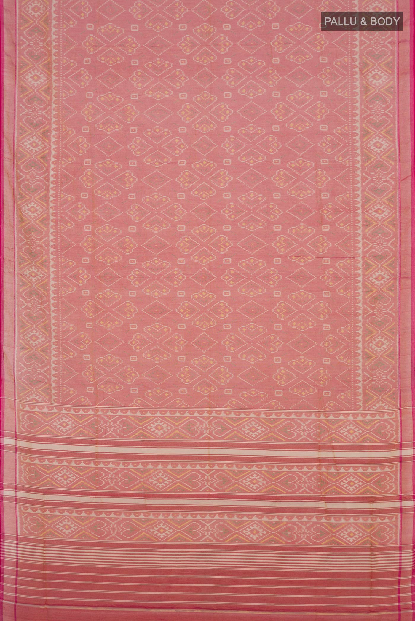 Flat view of Golden Double Ikat Saree with Ikat design on the body and Zari Border. 