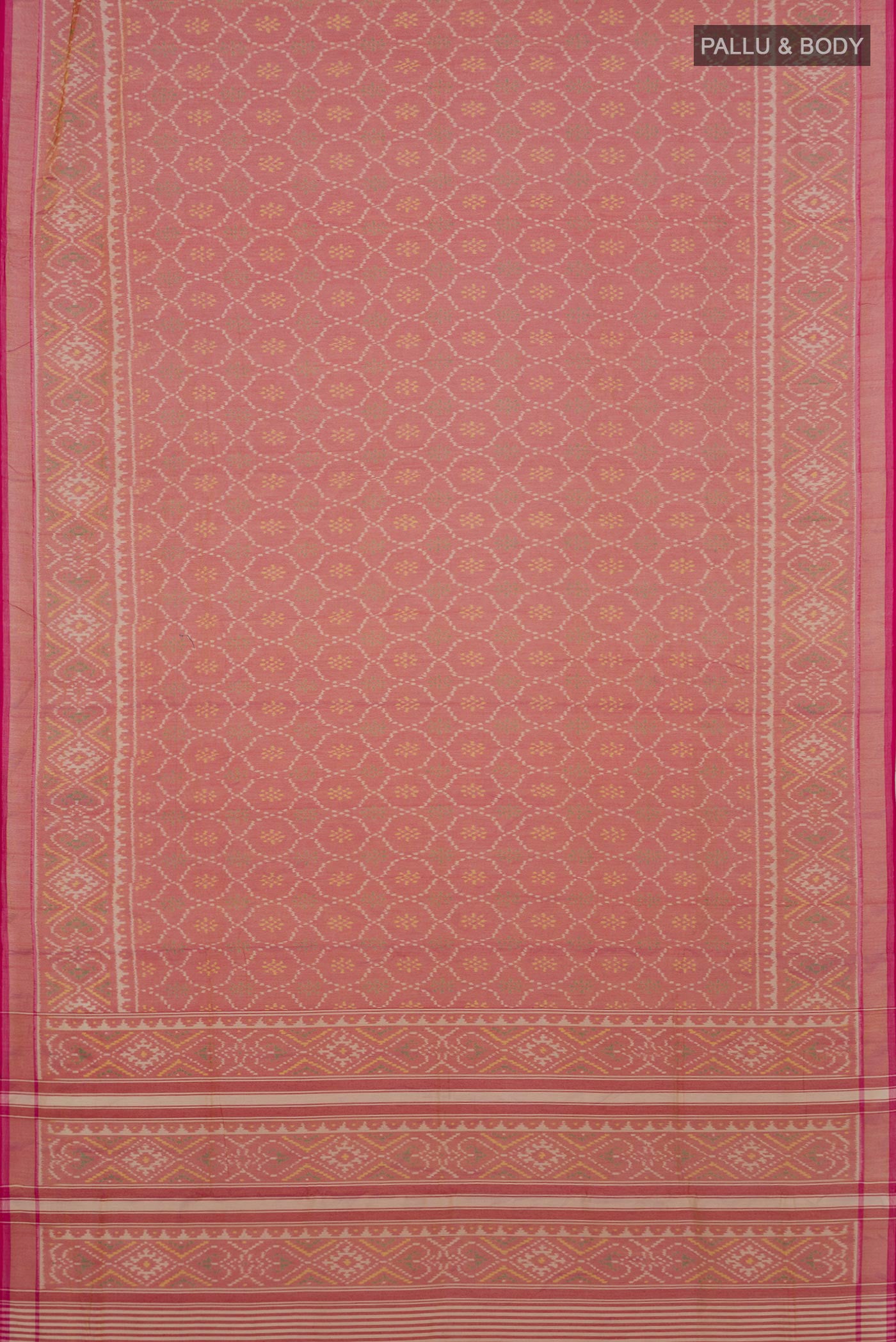 Flat view of Pink Rajkot Patola Silk Saree with Ikat design on the body and Zari Border. 