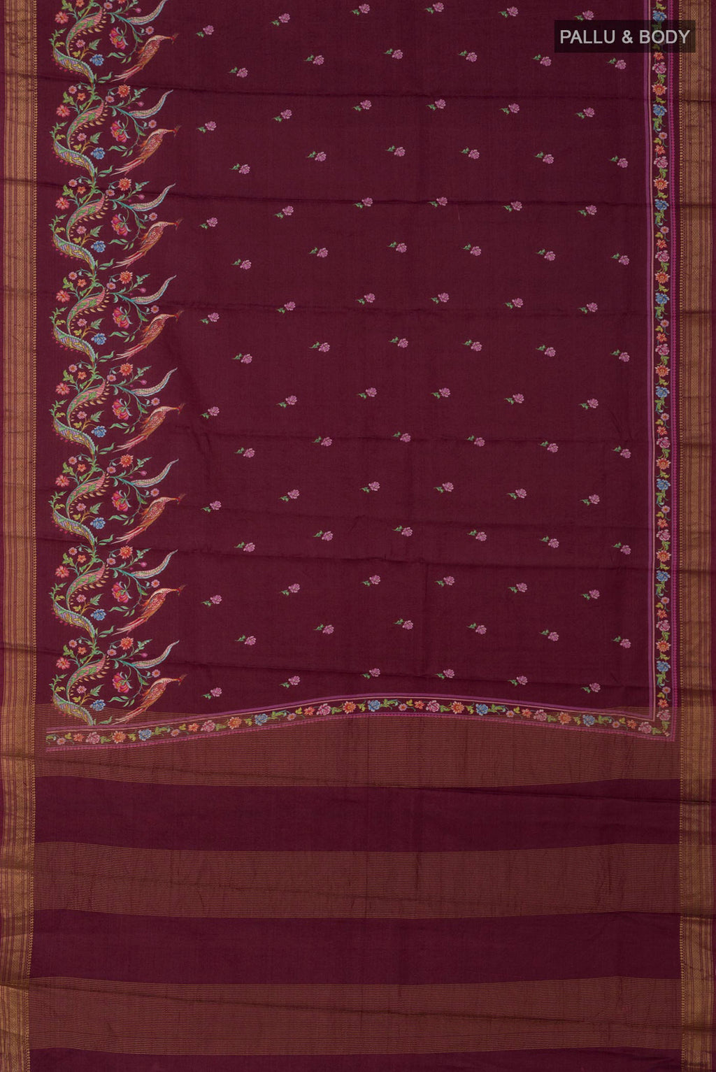 Flat view of Brown Tussar Silk Saree with Printed design on the body and Zari Border. 