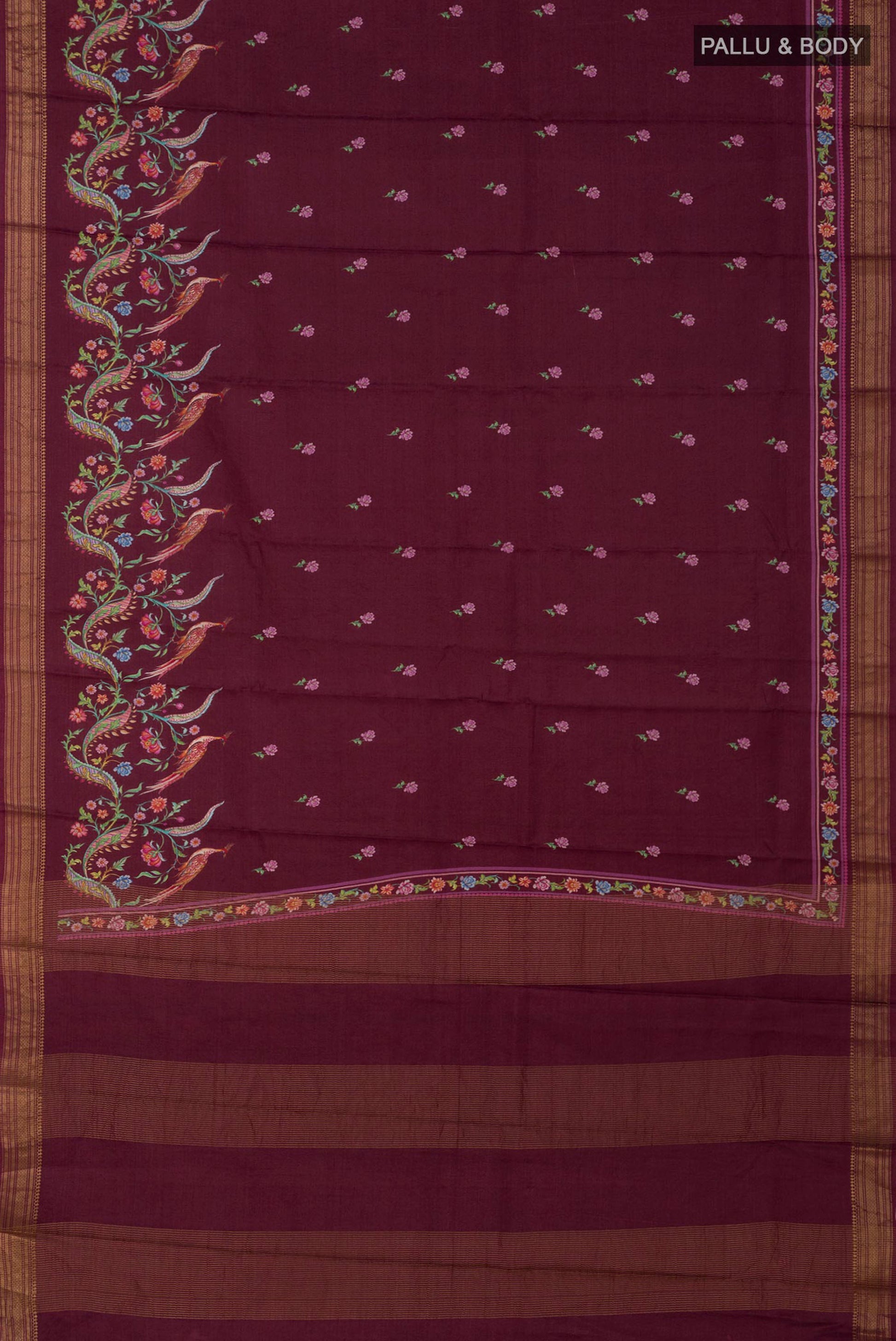Flat view of Brown Tussar Silk Saree with Printed design on the body and Zari Border. 
