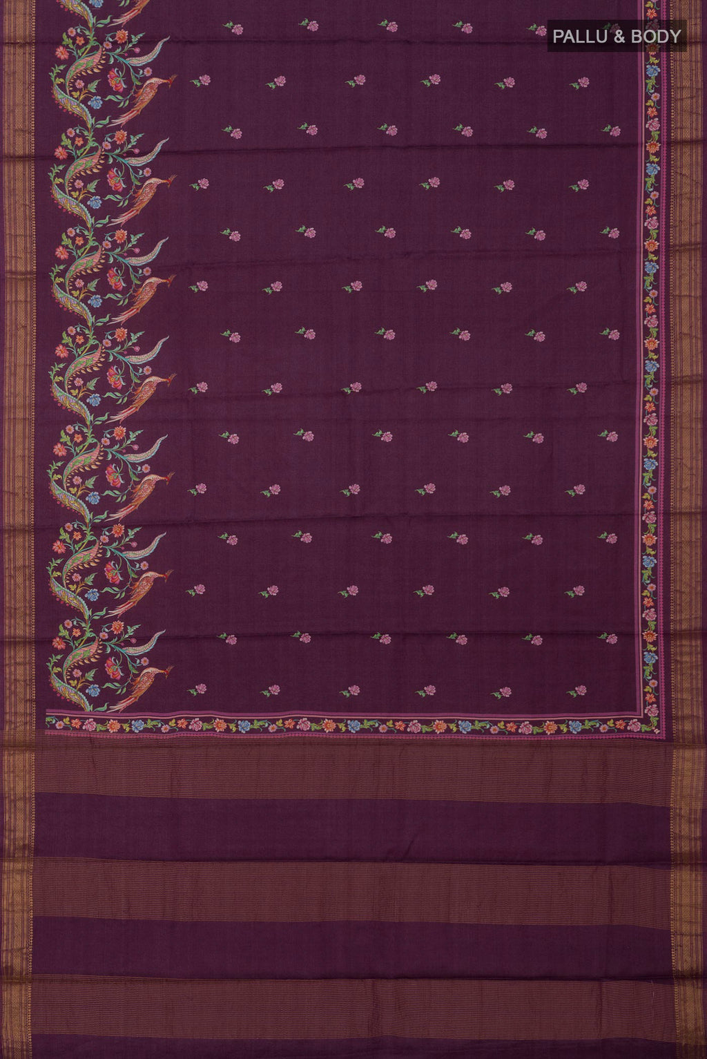 Flat view of Purple Tussar Saree with Fancy on the body and Zari Border. 