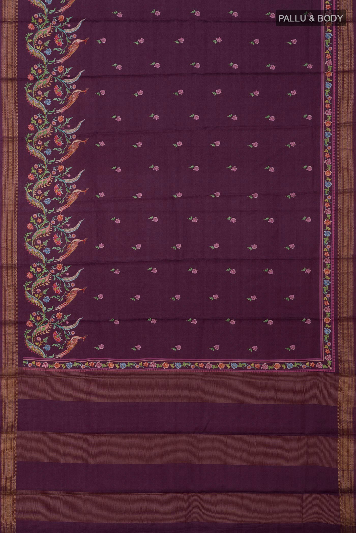 Flat view of Purple Tussar Saree with Fancy on the body and Zari Border. 