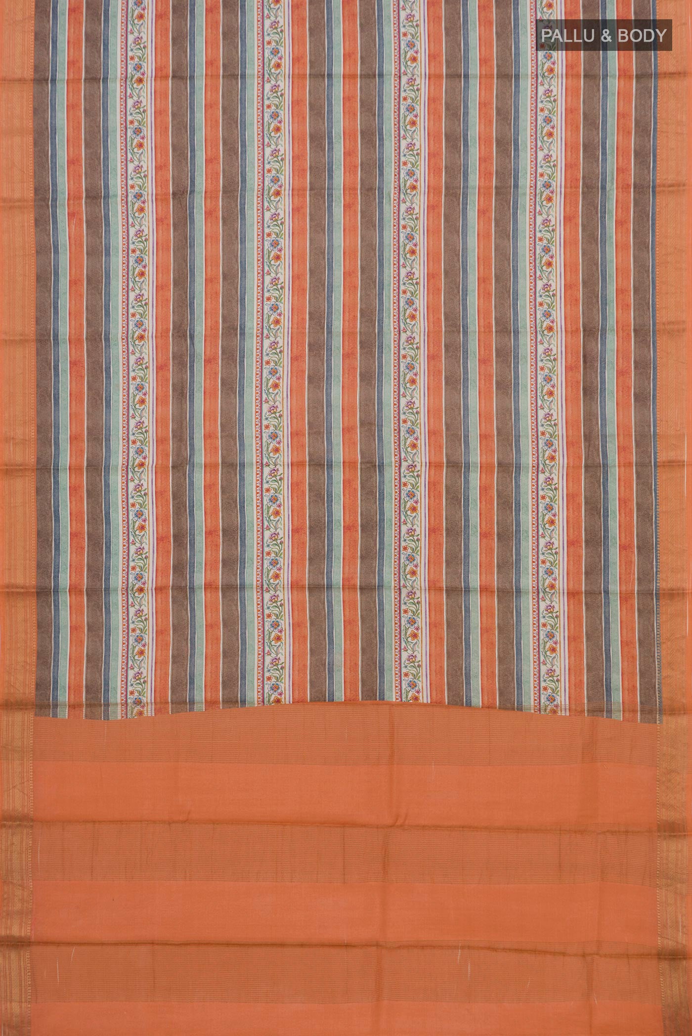 Flat view of Orange Tussar Silk Saree with Fancy on the body and Zari Border. 