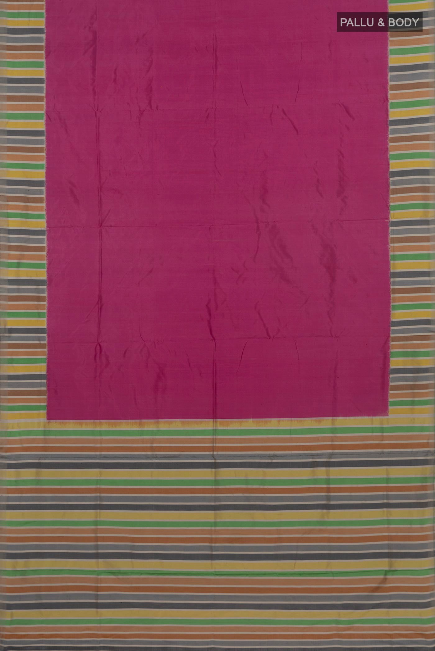 Flat view of Pink Pochampally Silk Saree with Plain Body and Plain Border. 