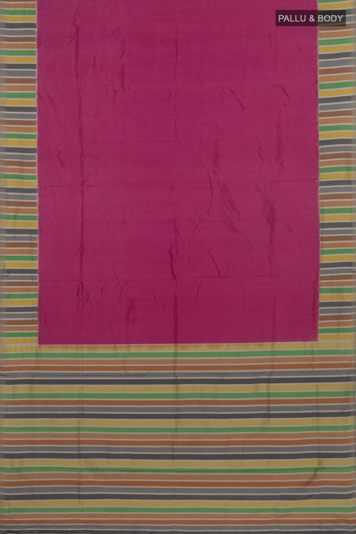 Flat view of Pink Pochampally Silk Saree with Plain Body and Plain Border. 