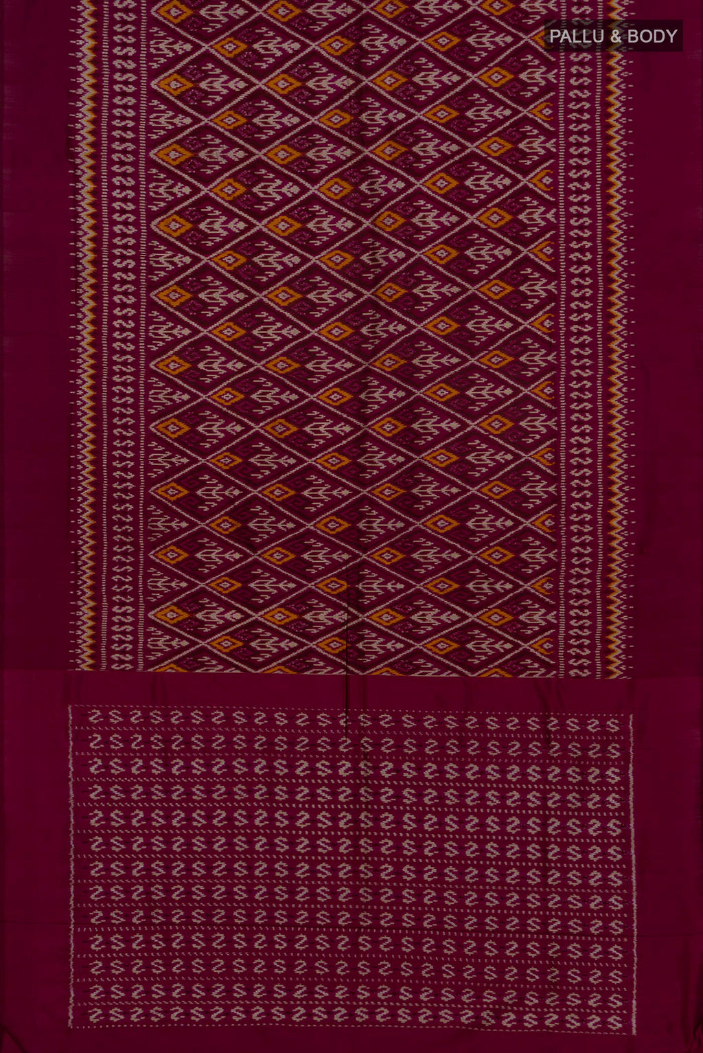 Flat view of Purple Pochampally Silk Saree with Ikat Print on the body and Plain Border. 