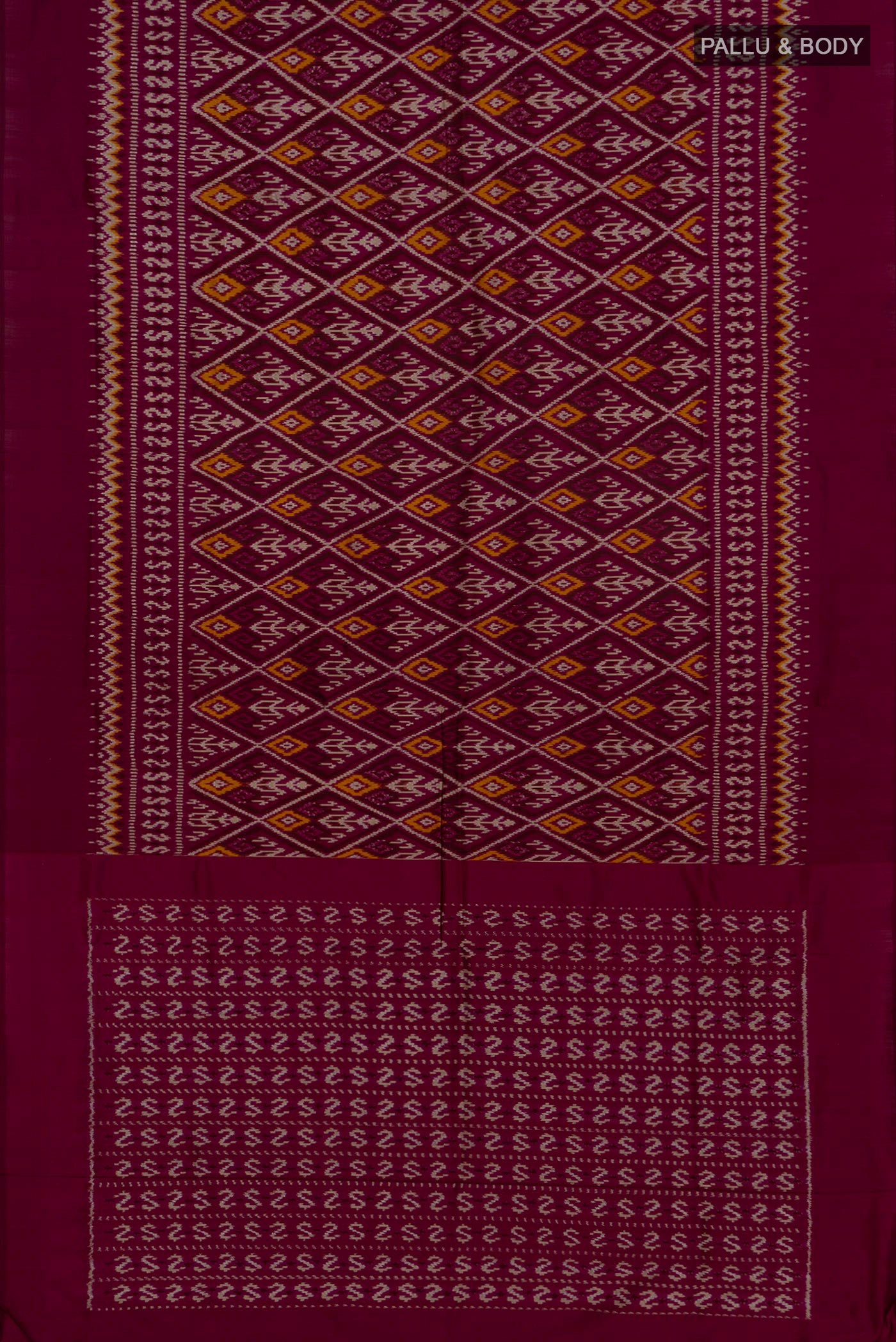 Flat view of Purple Pochampally Silk Saree with Ikat Print on the body and Plain Border. 