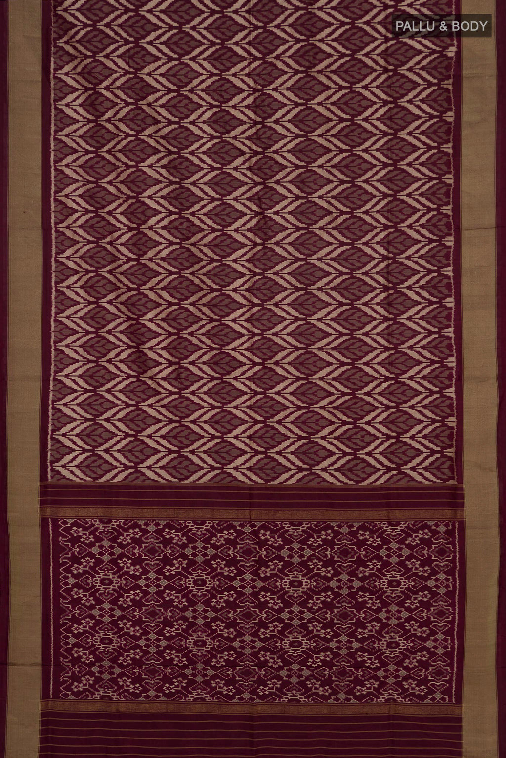 Flat view of Brown Pochampally Silk Saree with Ikat Print on the body and Zari Border. 