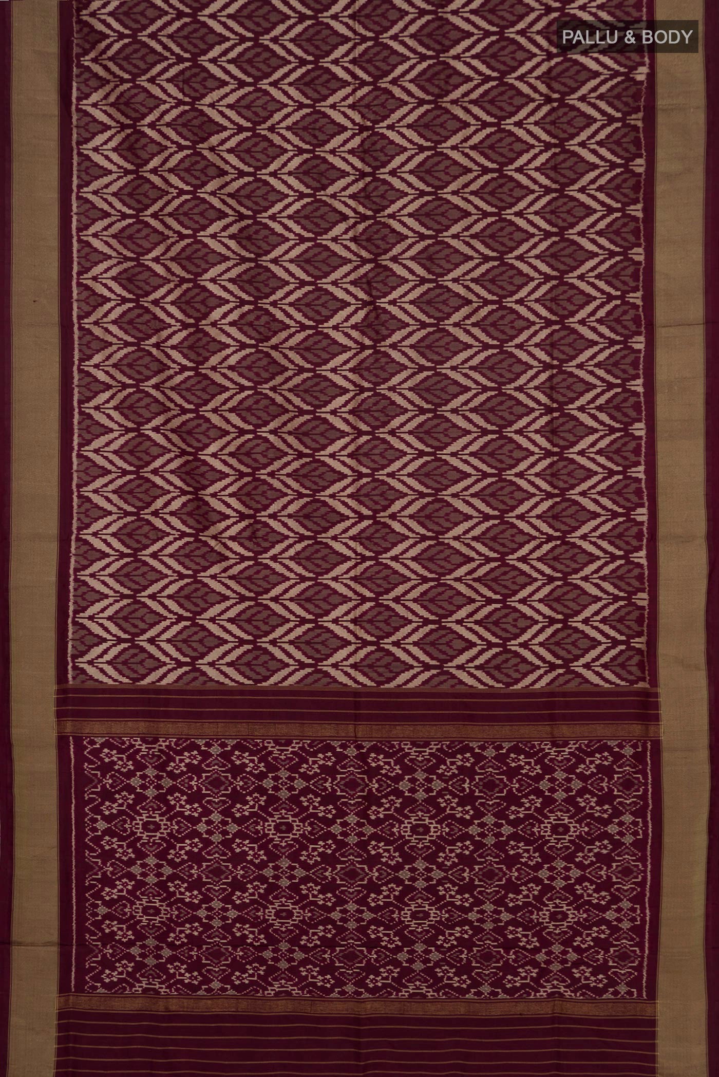 Flat view of Brown Pochampally Silk Saree with Ikat Print on the body and Zari Border. 