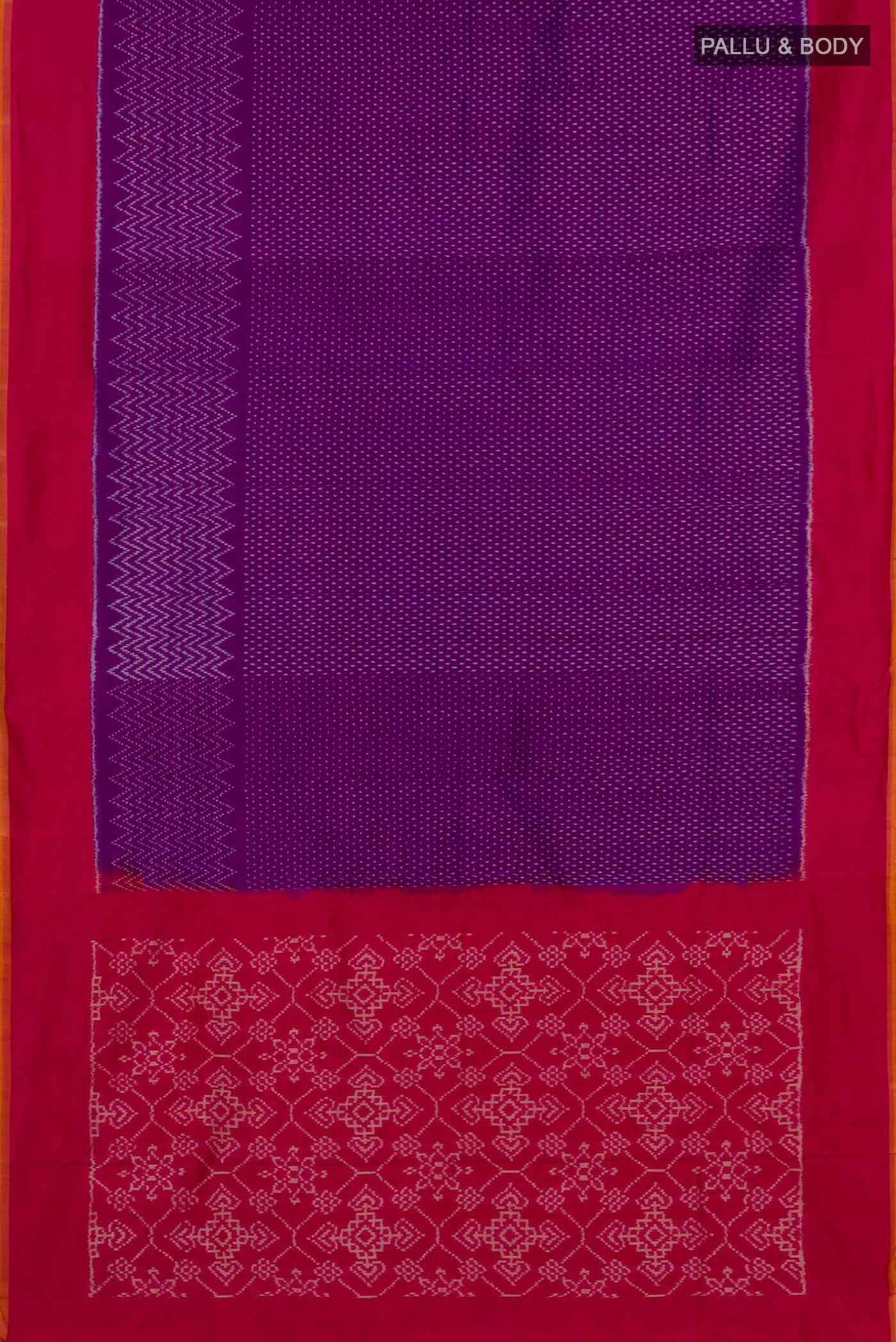 Flat view of Purple Pochampally Silk Saree with Ikat design on the body and Plain Border. 