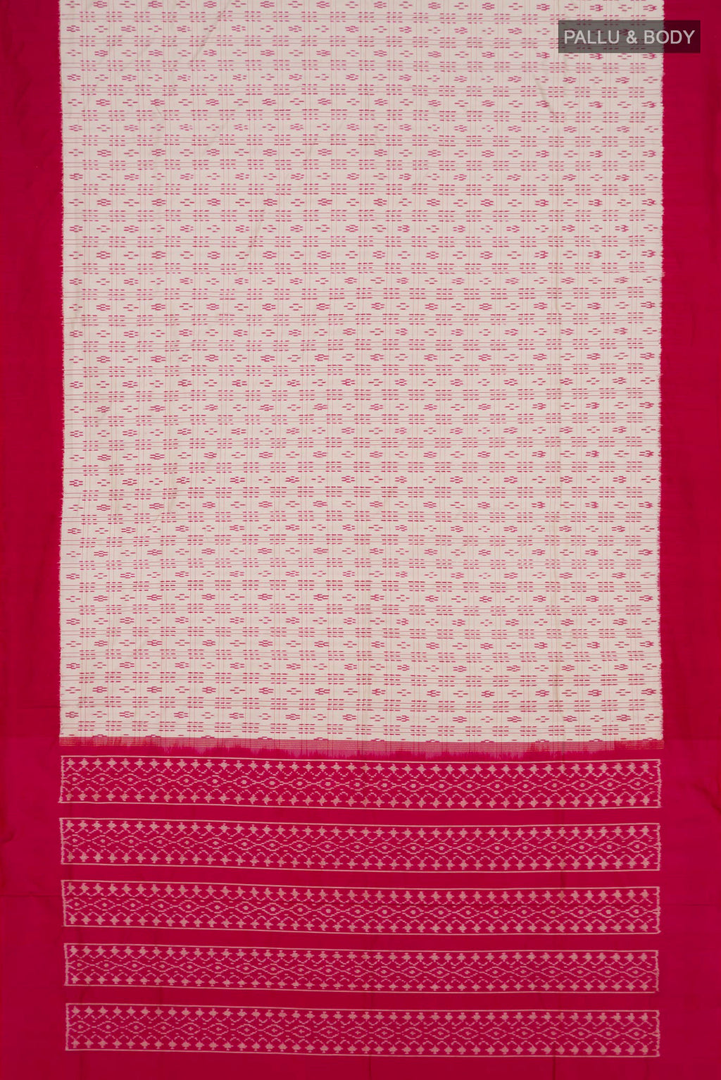 Flat view of Pure Silk Cream Pochampally Saree with Pure Ikat on the body and Plain Border. 