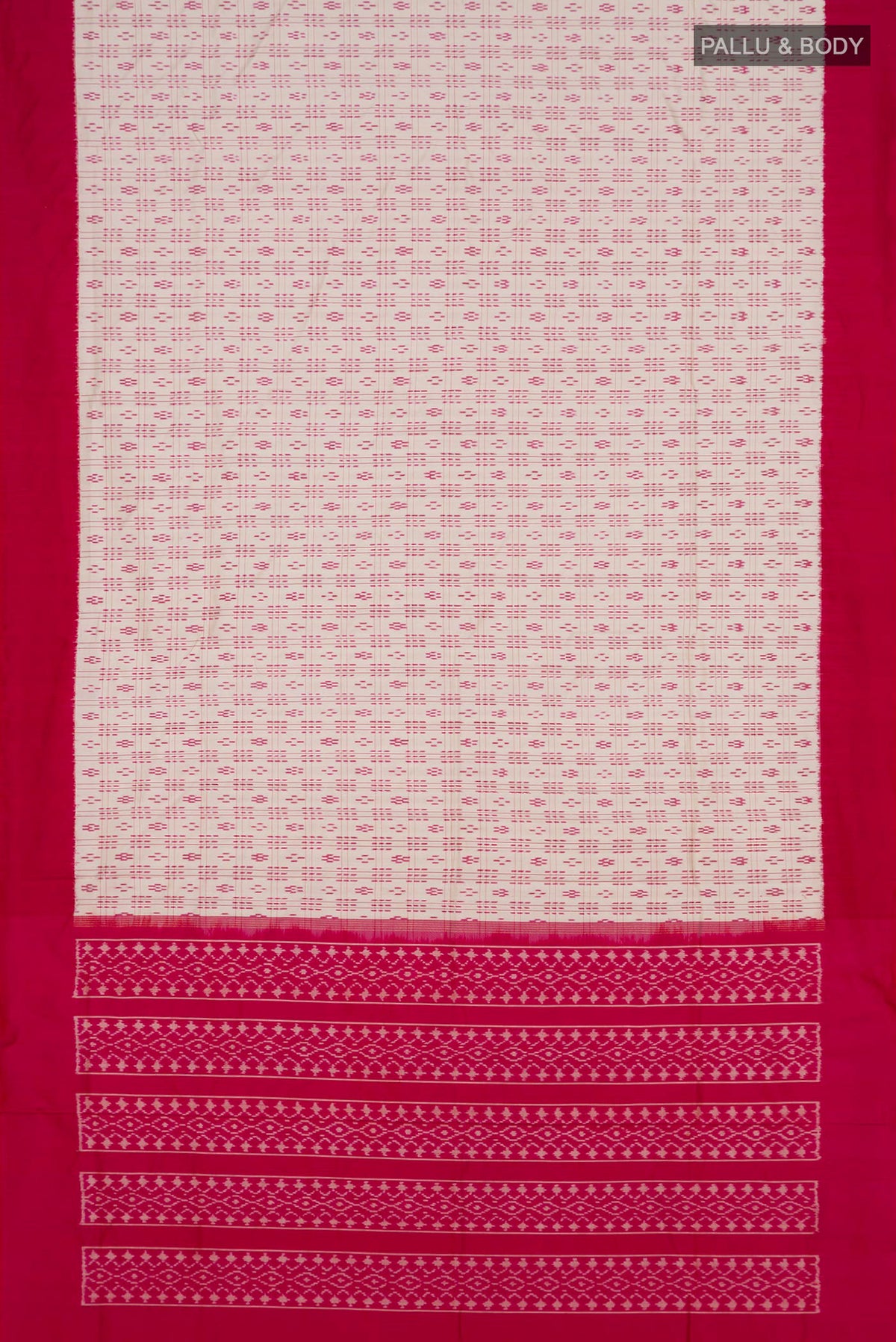 Flat view of Pure Silk Cream Pochampally Saree with Pure Ikat on the body and Plain Border. 