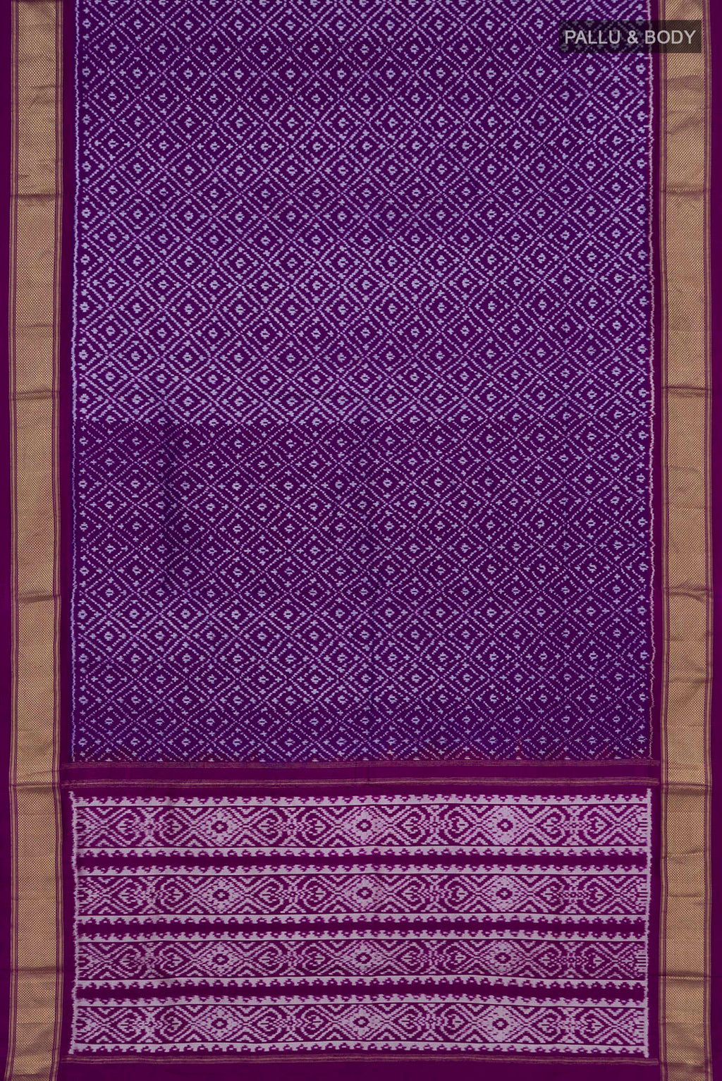 Flat view of Purple Pochampally Silk Saree with Ikat Print on the body and Zari Border. 