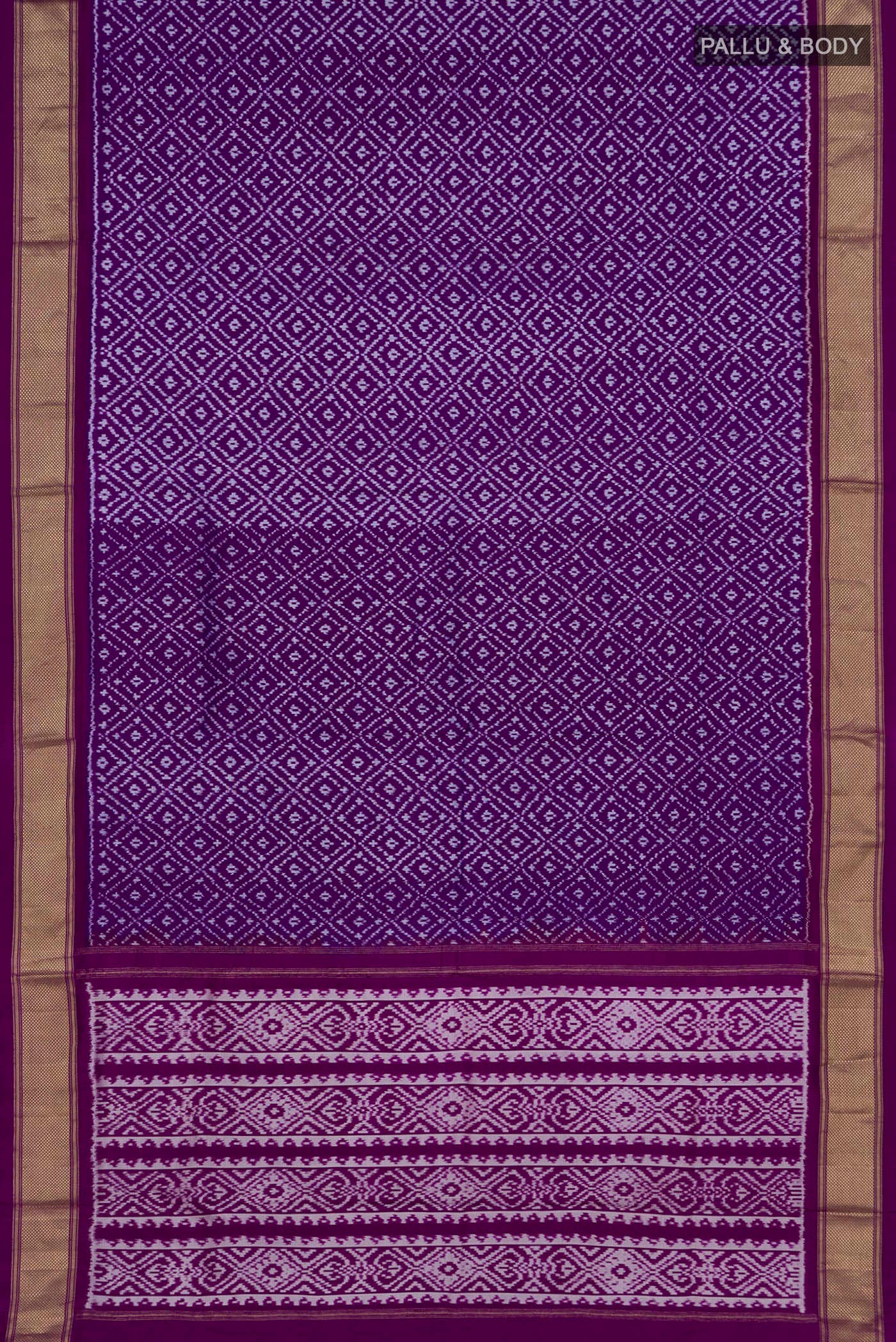 Flat view of Purple Pochampally Silk Saree with Ikat Print on the body and Zari Border. 