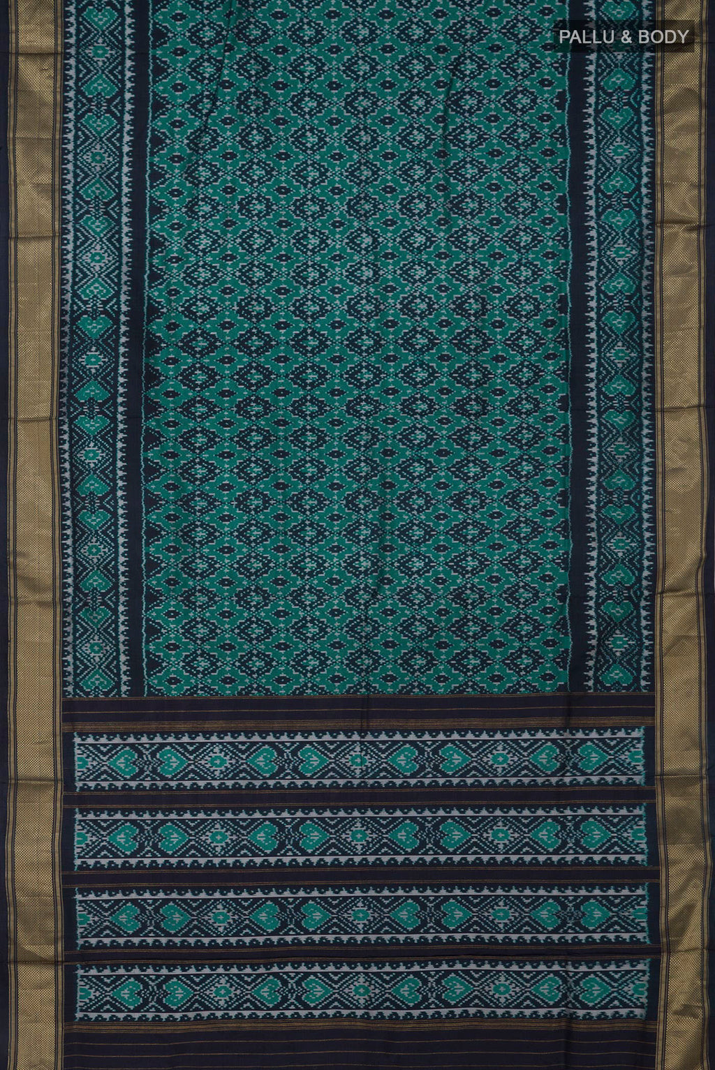 Flat view of Green Pochampally Silk Saree with Ikat design on the body and Zari Border. 