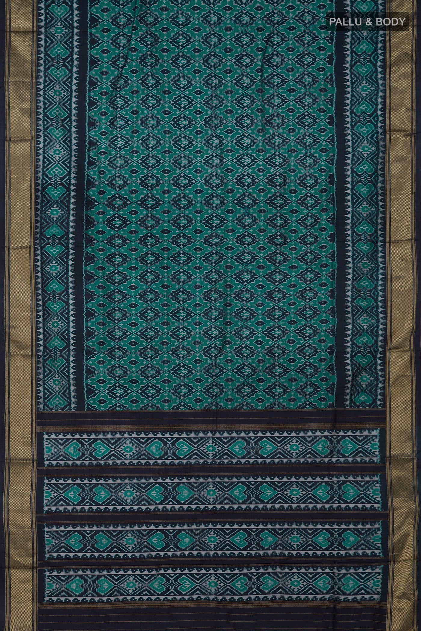Flat view of Green Pochampally Silk Saree with Ikat design on the body and Zari Border. 