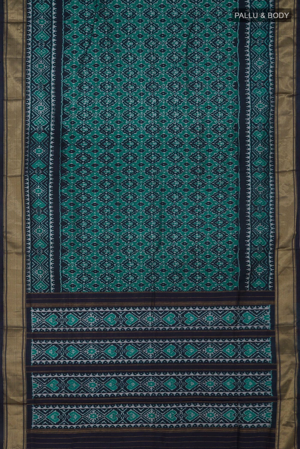 Flat view of Green Pochampally Silk Saree with Ikat design on the body and Zari Border. 