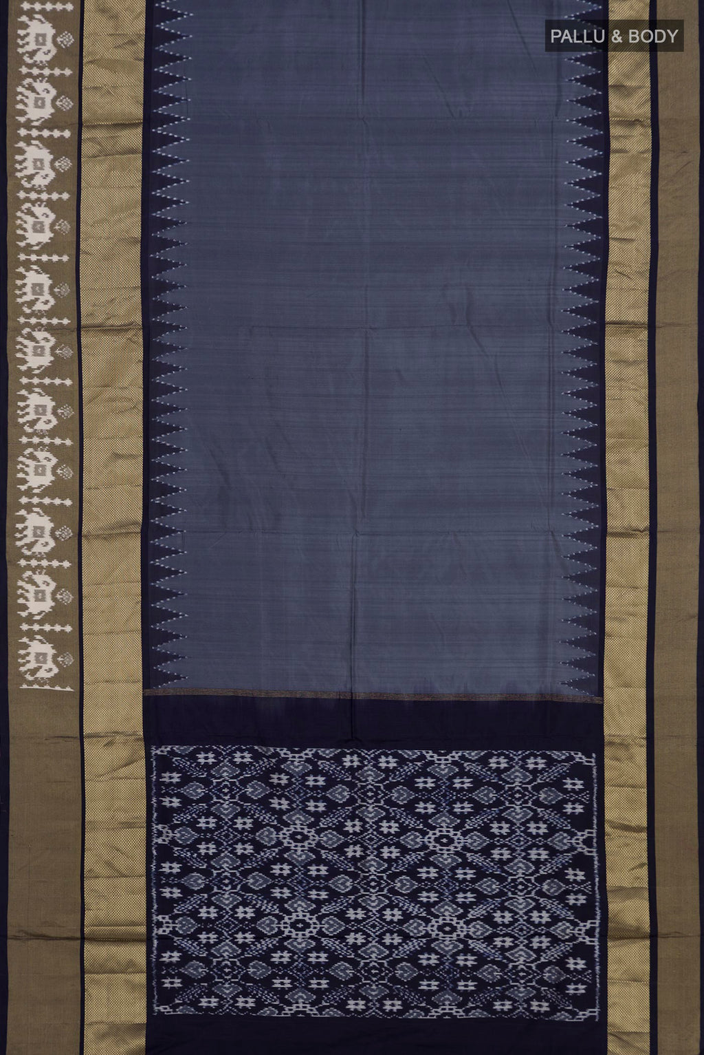 Flat view of Grey Pochampally Silk Saree with Ikat design on the body and Zari Border. 