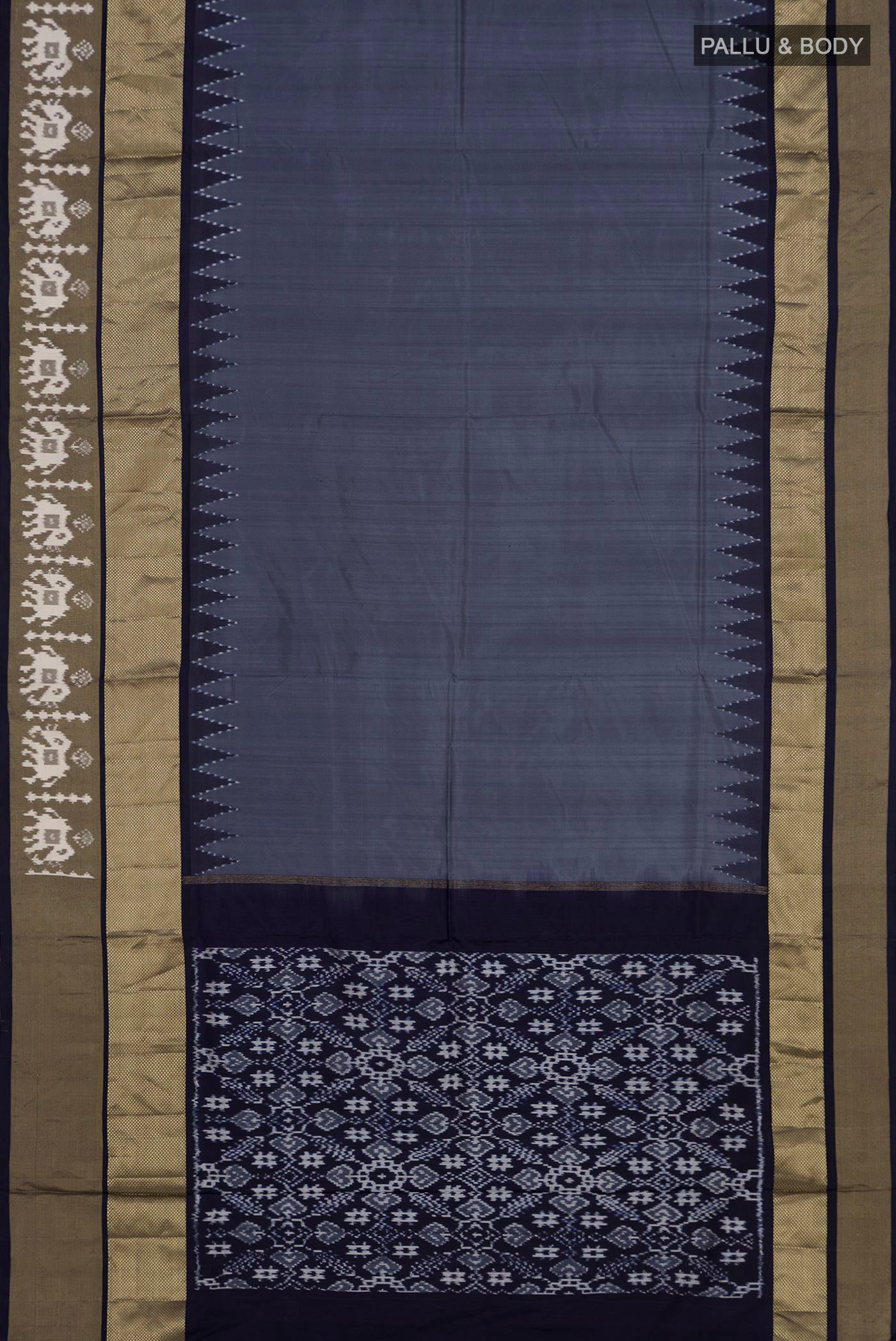 Flat view of Grey Pochampally Silk Saree with Ikat design on the body and Zari Border. 