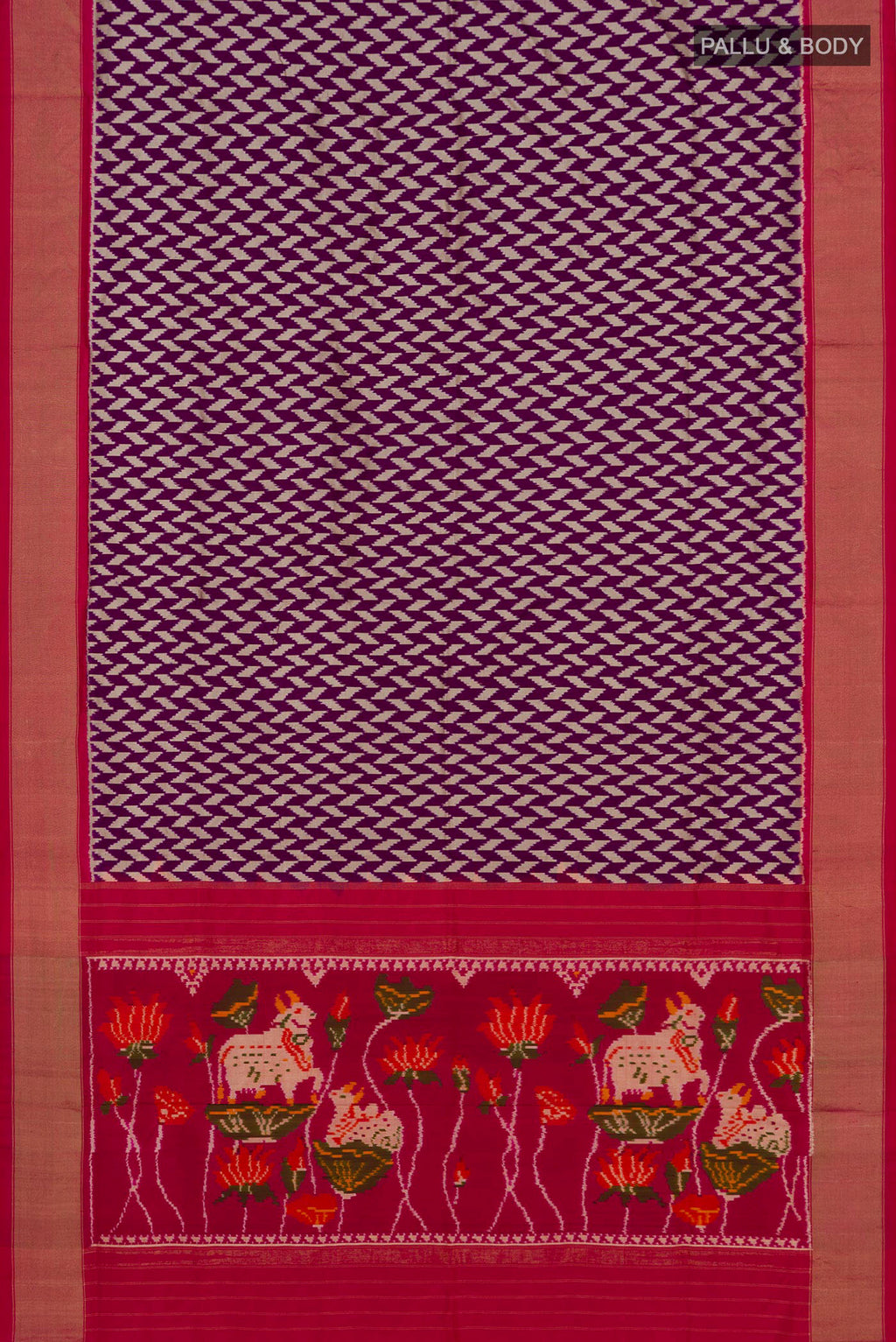 Flat view of Purple Pochampally Silk Saree with Ikat design on the body and Zari Border. 