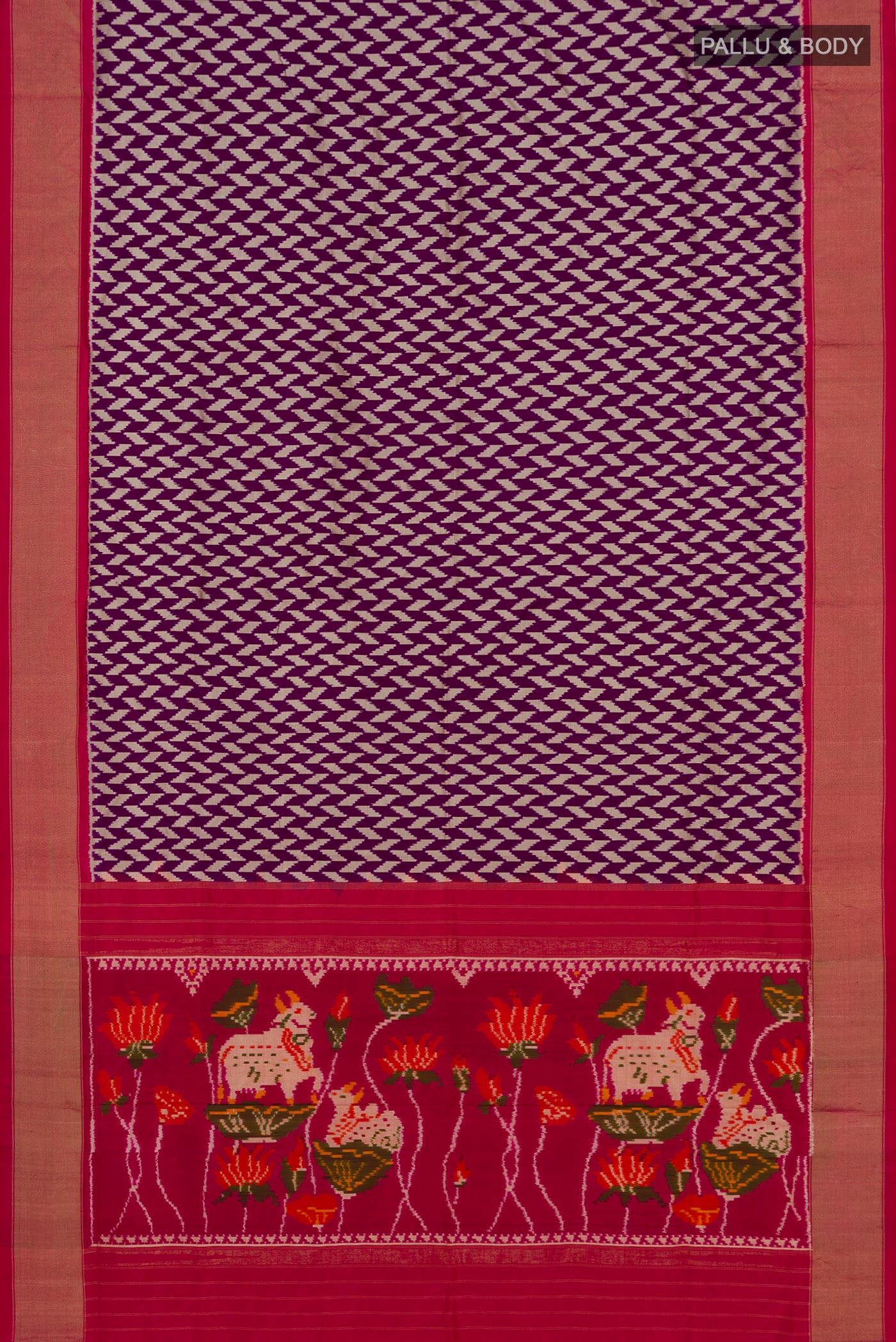 Flat view of Purple Pochampally Silk Saree with Ikat design on the body and Zari Border. 