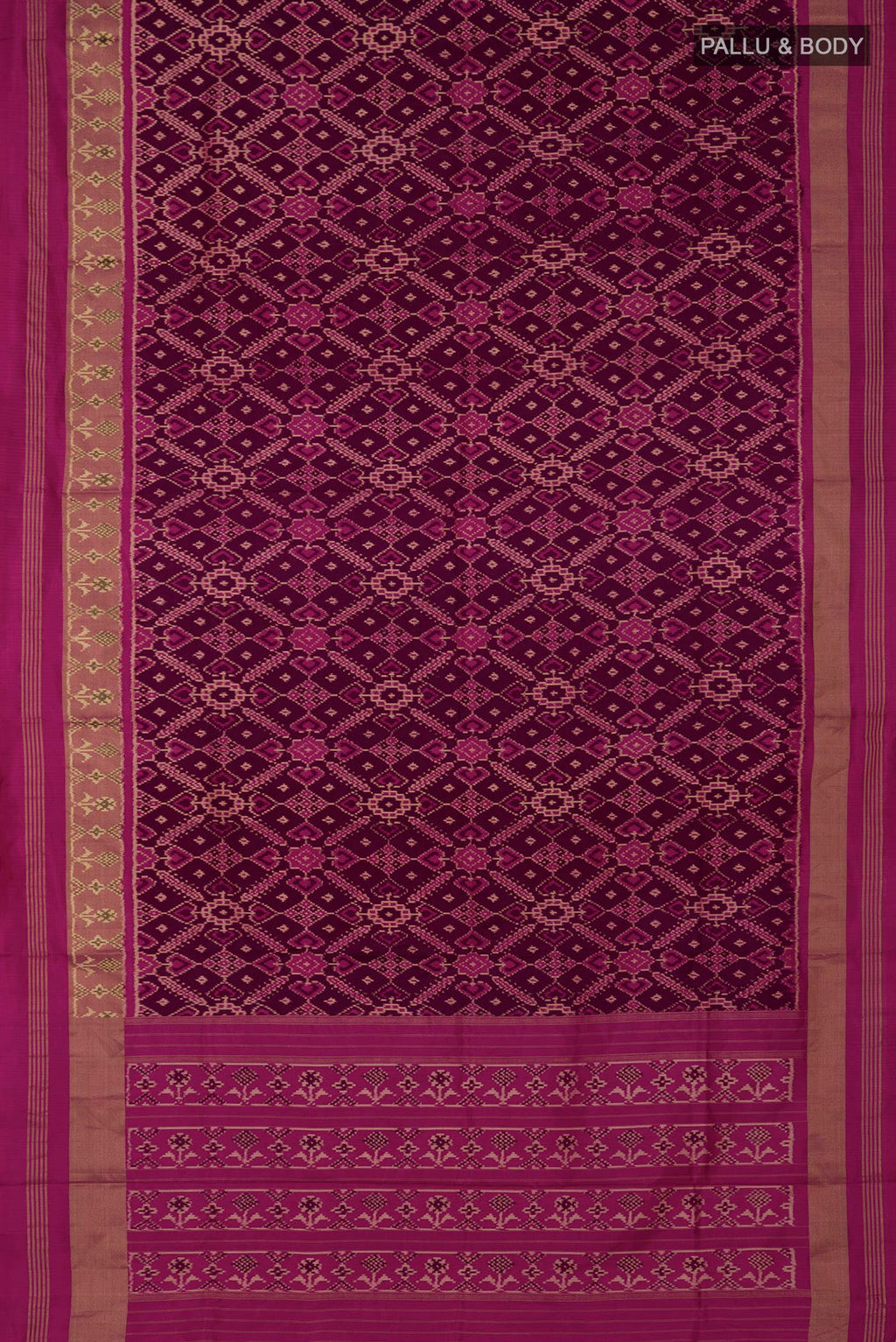 Flat view of Multi Color Pochampally Silk Saree with Ikat design on the body and Zari Border. 