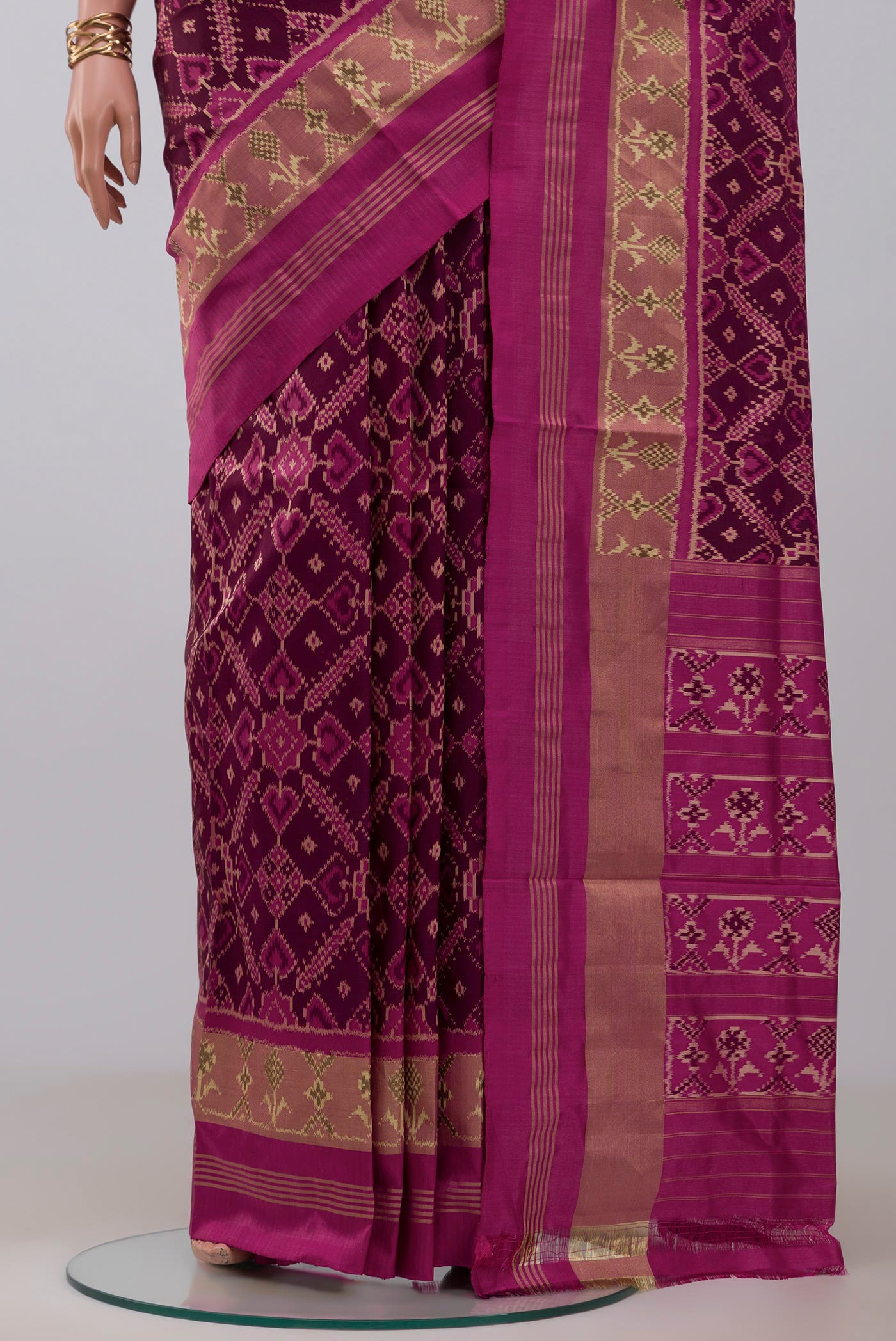 Pleats and pallu of Multi Color Pochampally Silk Saree with Ikat design on the body and Zari Border. 