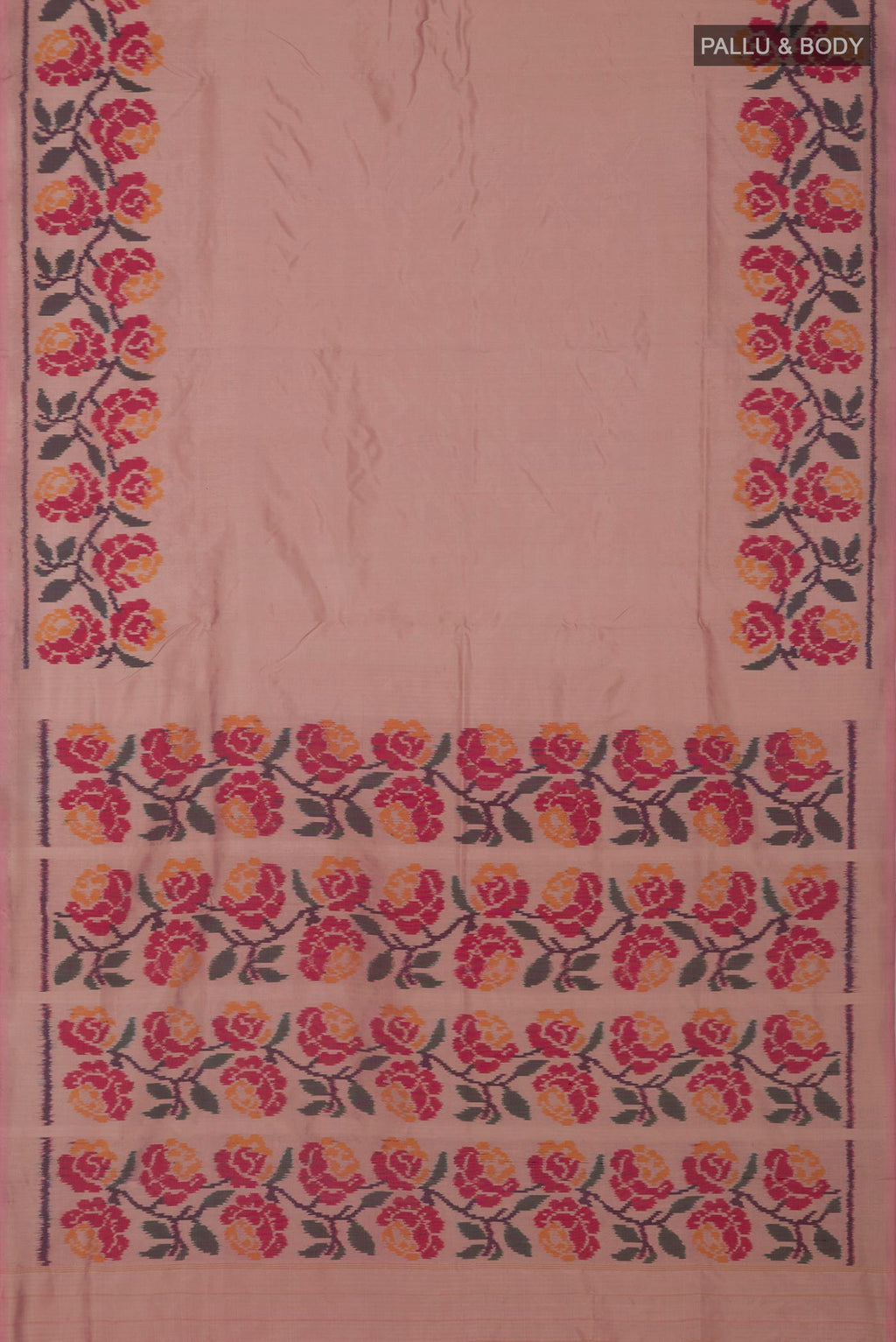 Flat view of Peach Pochampally Silk Saree with Ikat design on the body and Ikat Border. 