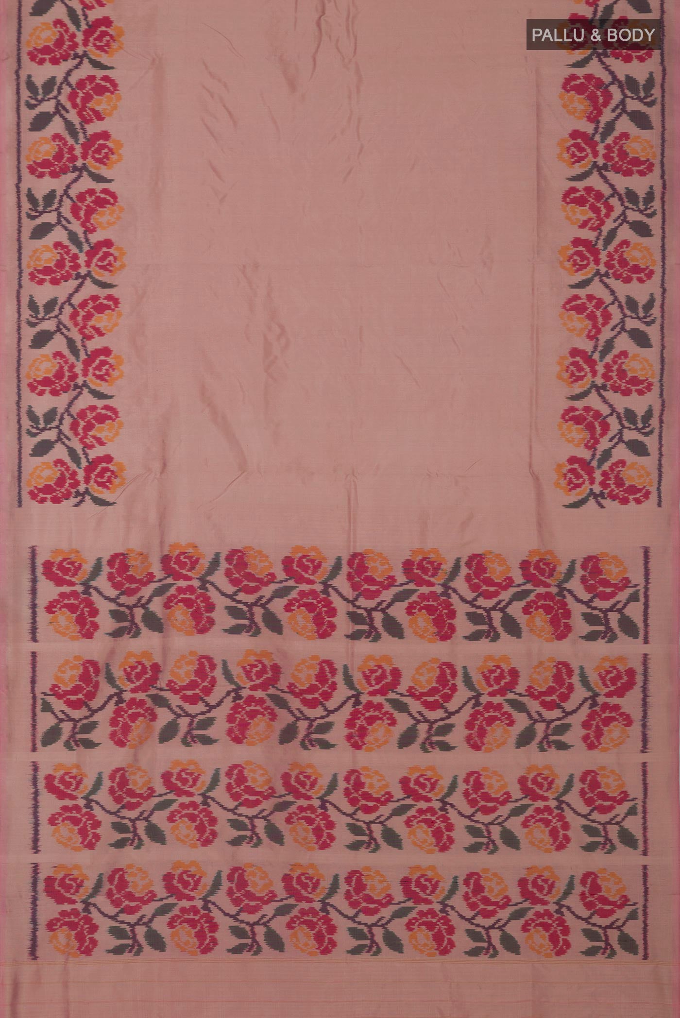 Flat view of Peach Pochampally Silk Saree with Ikat design on the body and Ikat Border. 