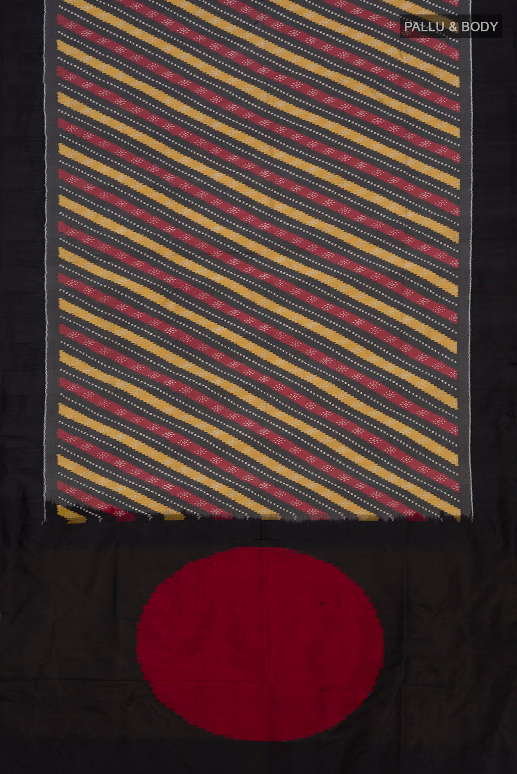 Flat view of Pure Silk Grey Pochampally Saree with Ikat design on the body and Plain Border. 