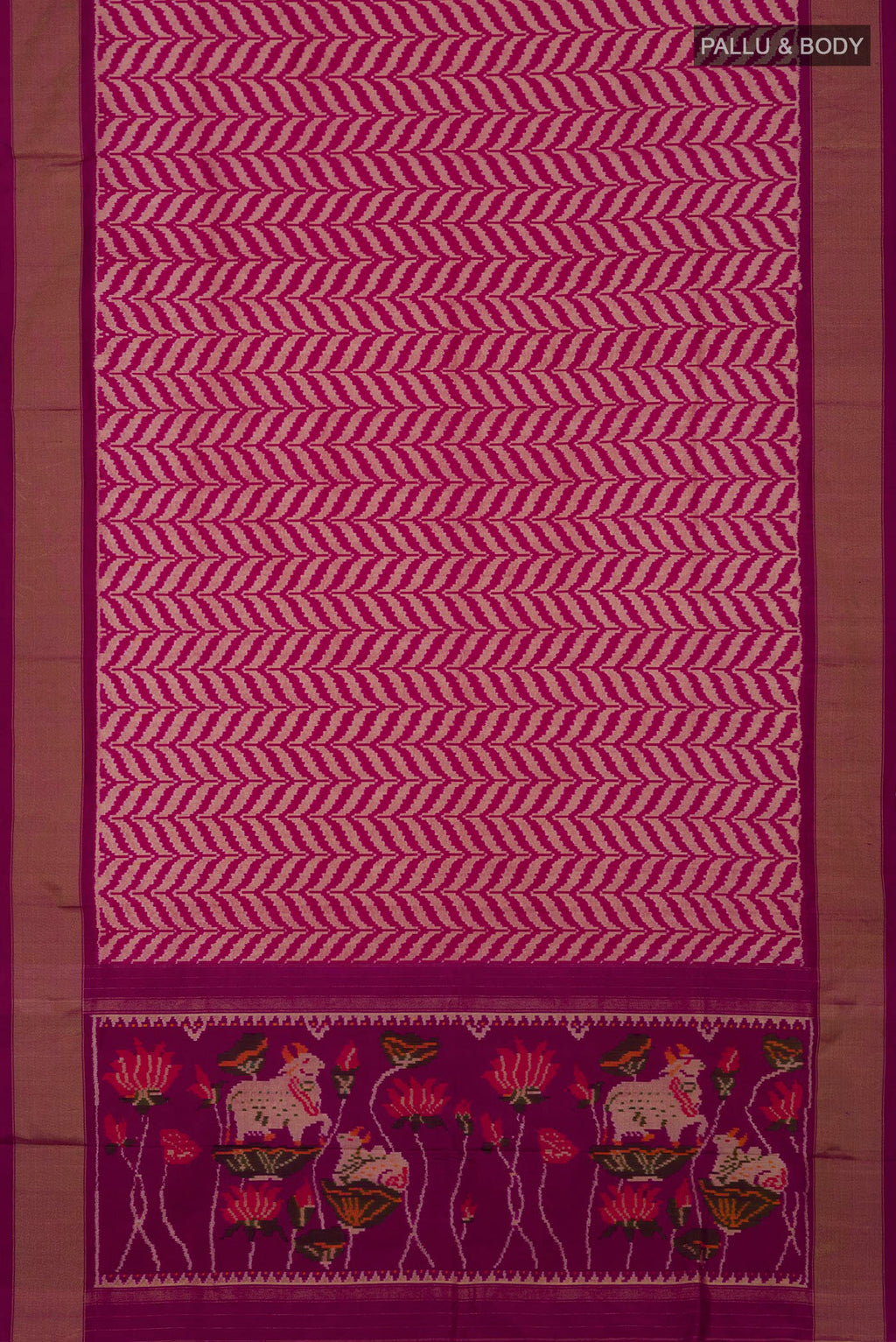 Flat view of Pink Pochampally Saree with Ikat design on the body and Zari Border. 