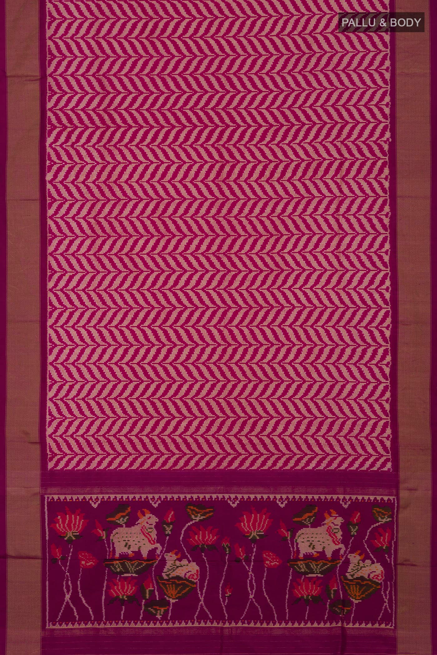 Flat view of Pink Pochampally Saree with Ikat design on the body and Zari Border. 