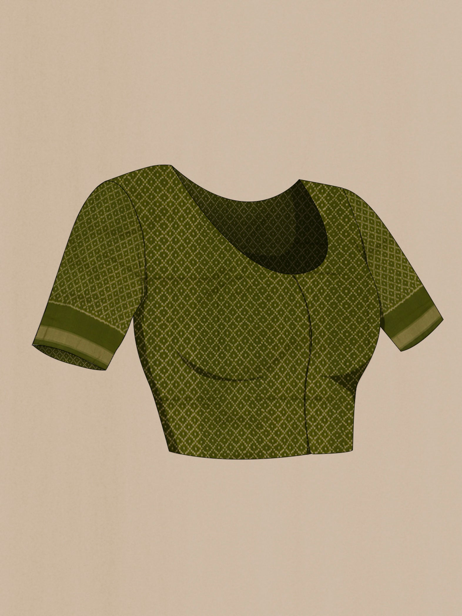 Close up image of the blouse of Mehandi Green Pochampally Silk Saree with Ikat design on the body and Thin Zari Line. 