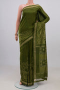 Mehandi Green Pochampally Silk Saree with Ikat design on the body and Thin Zari Line.  displayed on a mannequin