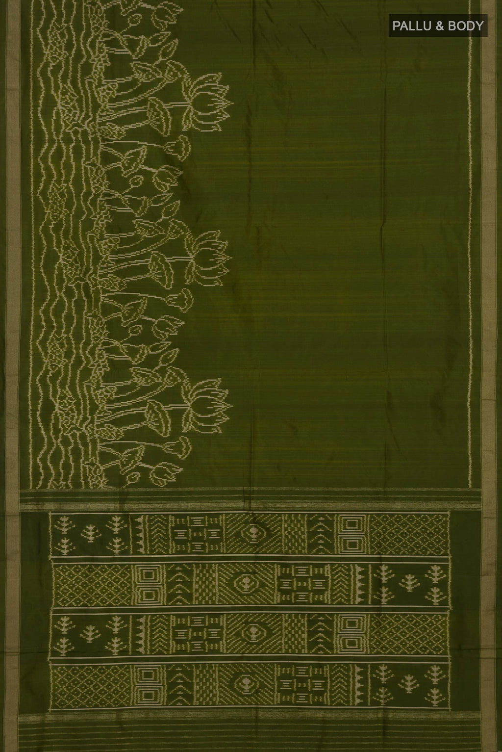 Flat view of Mehandi Green Pochampally Silk Saree with Ikat design on the body and Thin Zari Line. 