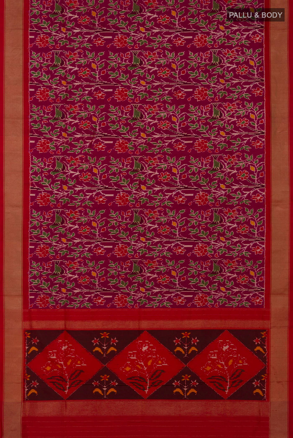 Flat view of Magenta Pochampally Saree with Ikat design on the body and Zari Border. 